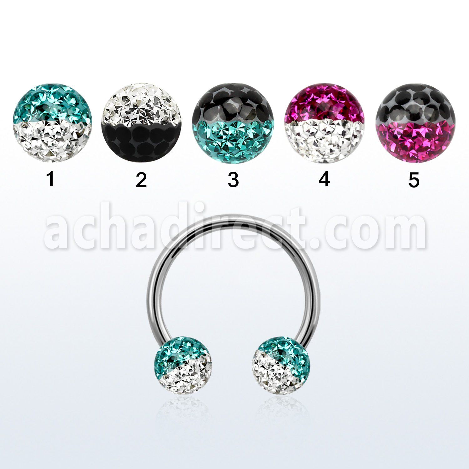 cbfr6e 316l steel circular barbell w 2 color multicrystal ball