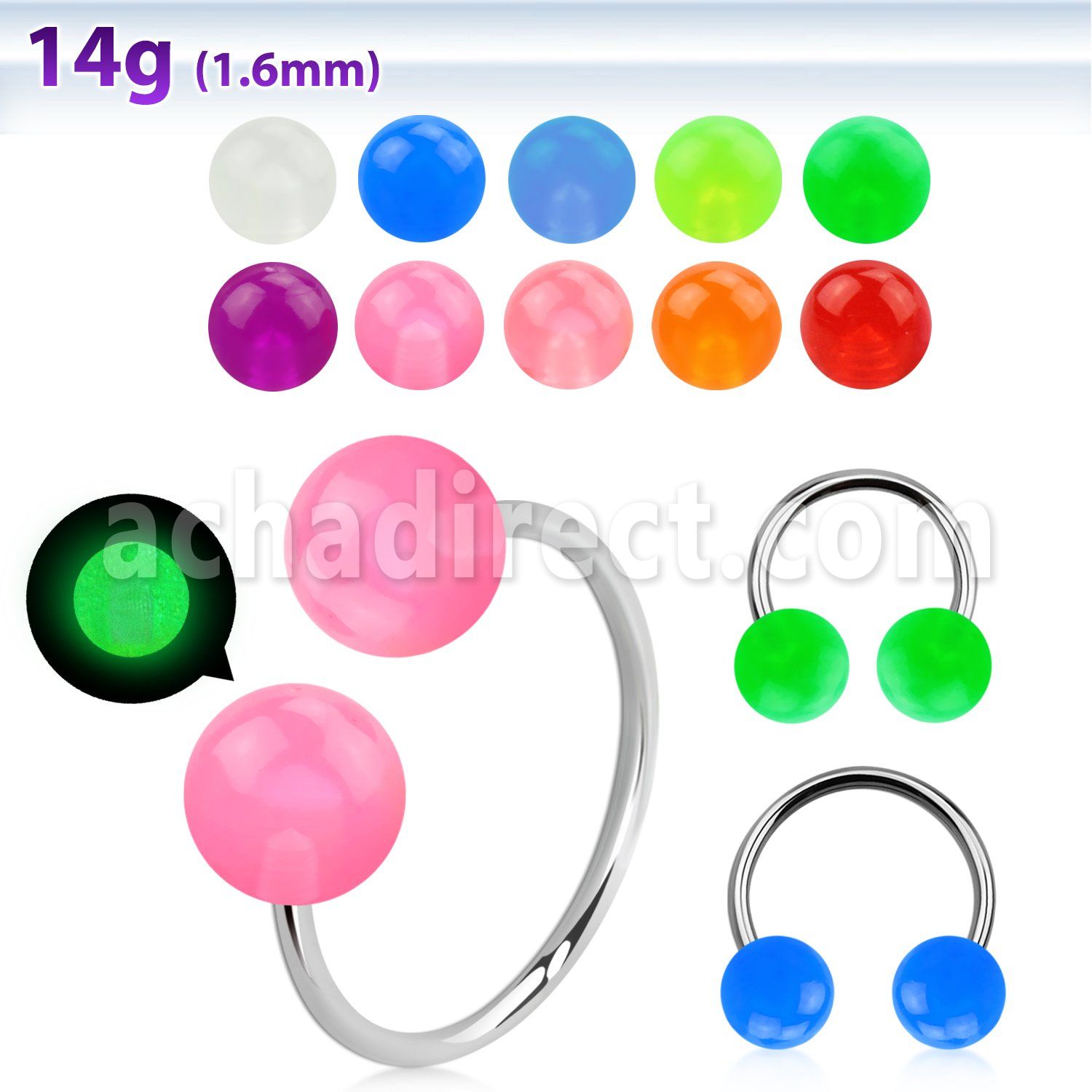 cbglb6l xxl steel circular barbell 14g 6mm glow in the dark ball