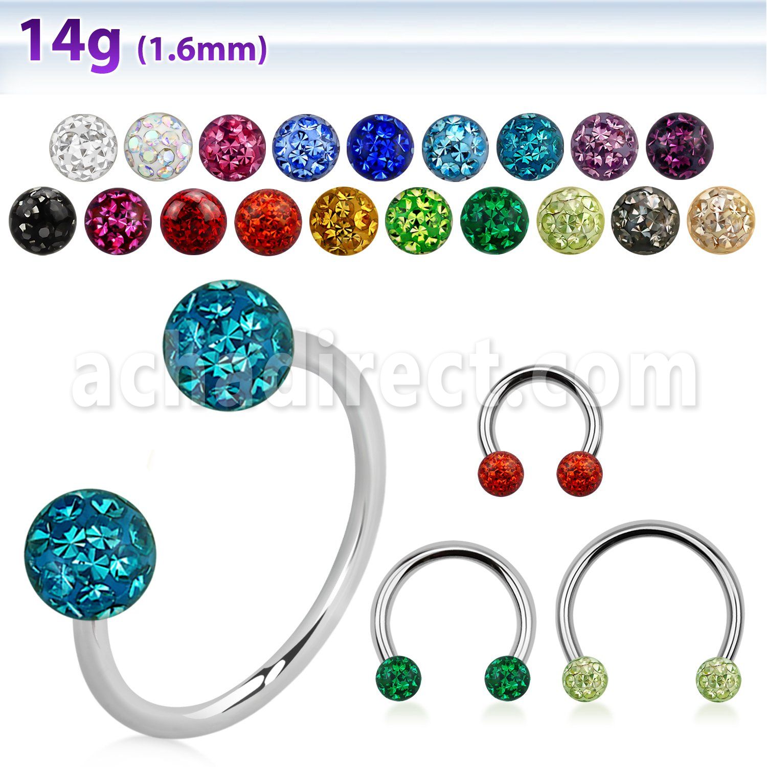 cbmf4l xxl steel circular barbell, 14g w 4mm multi crystal ball