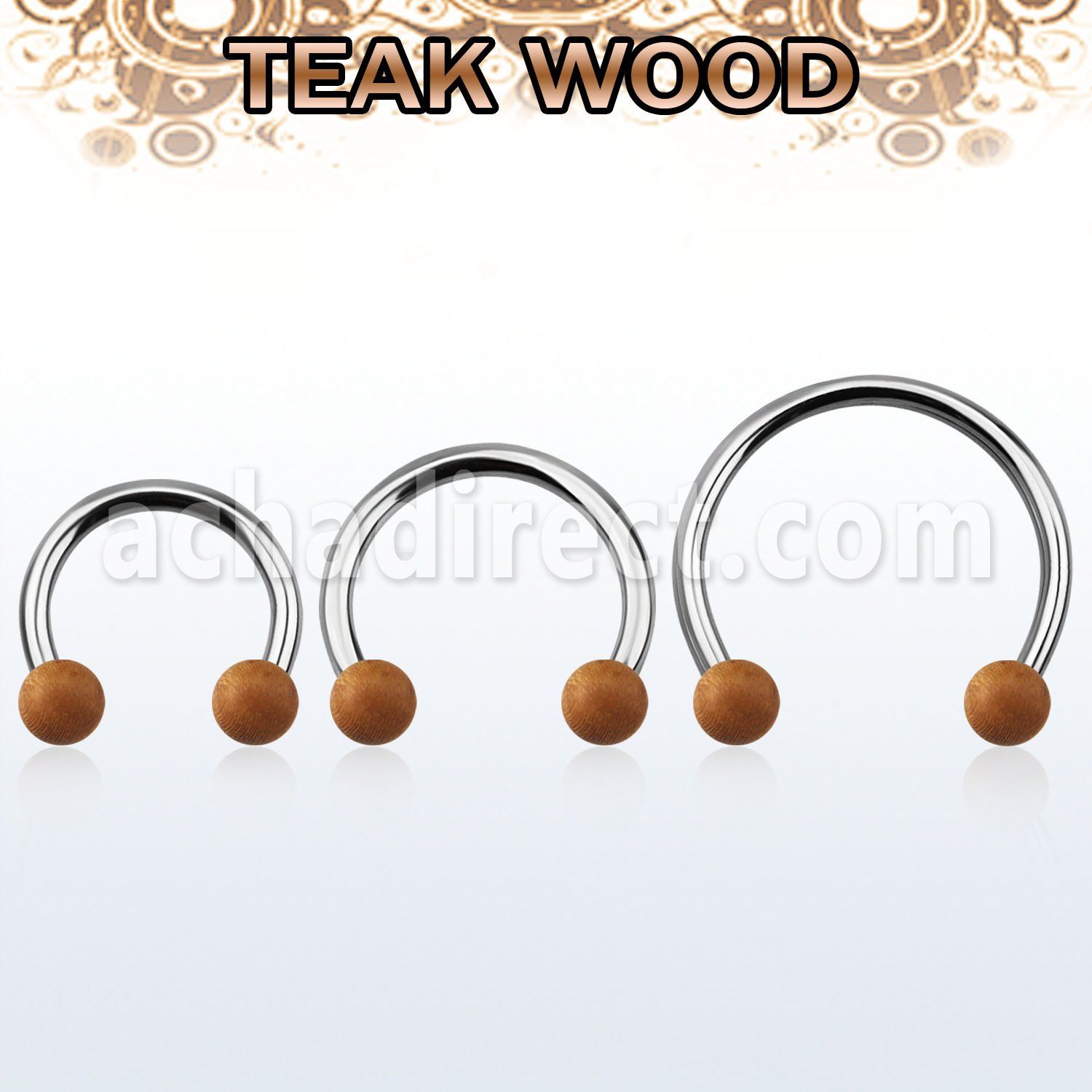 cbmte5l xxl steel circular barbell, 14g w 5mm teak wood balls