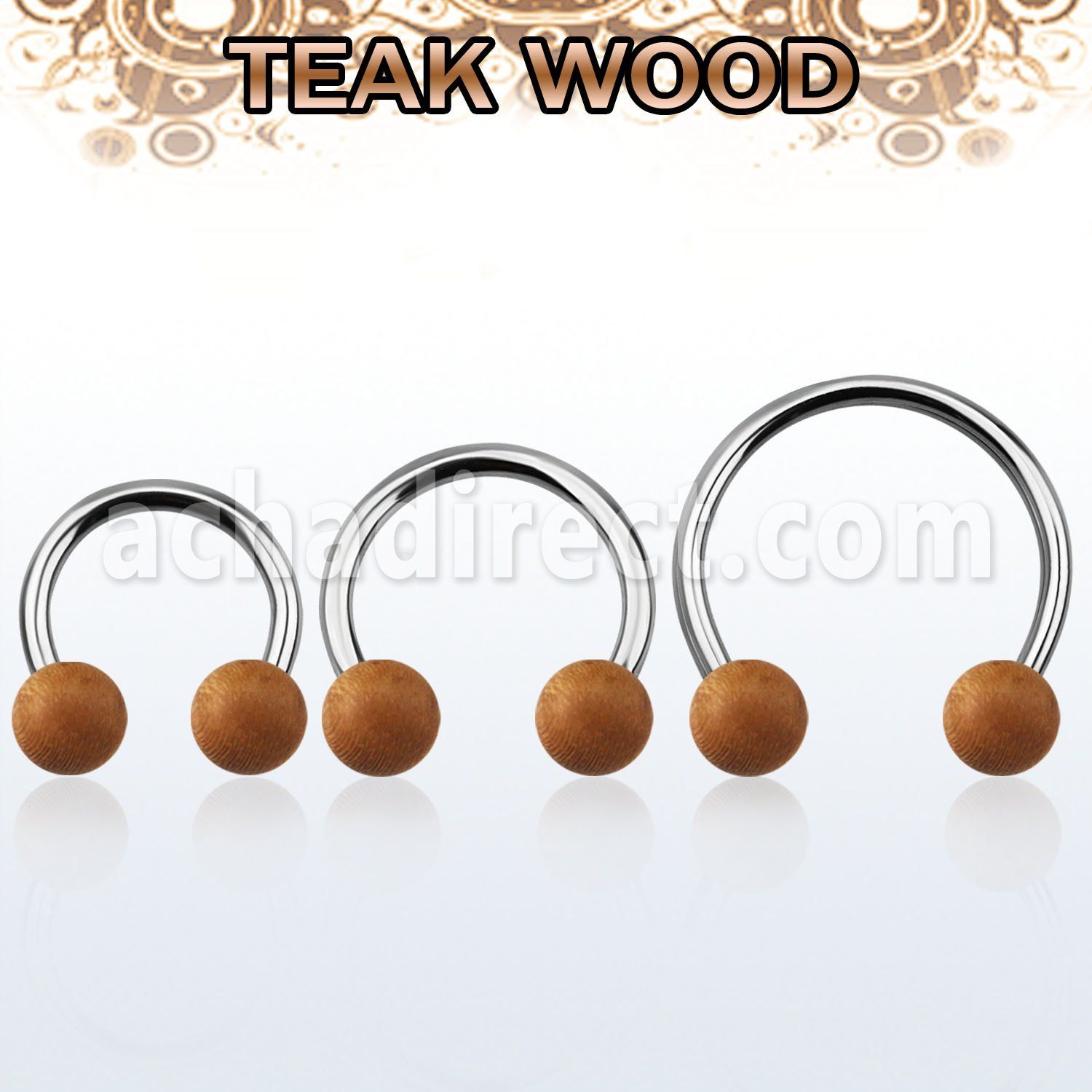 cbmte8l xxl steel circular barbell, 14g w 8mm teak wood balls
