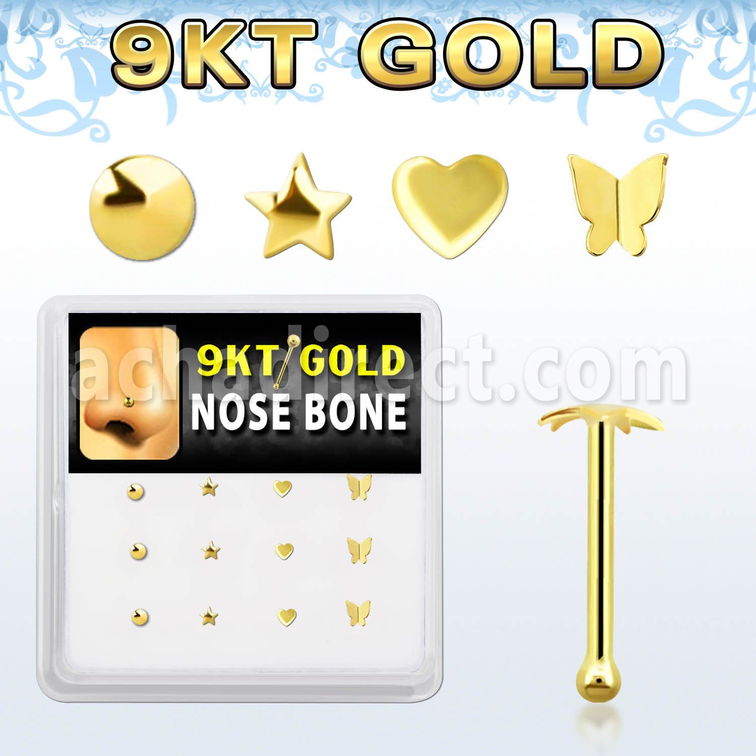 d9gnb16 box w 9kt gold nose bones with mixed plain tops
