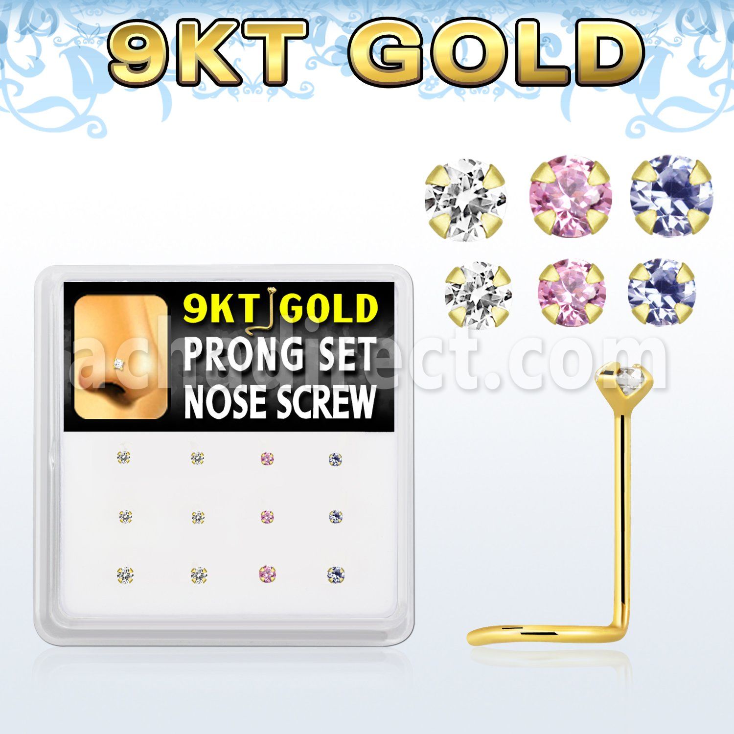 d9gsc12 box w 12 pc of 9kt gold nose screw w 1.5 2mm color czs