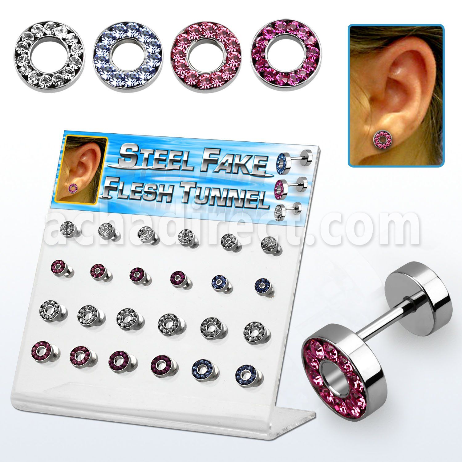 dacb136 polished 316l steel fake flesh tunnels w crystal rim