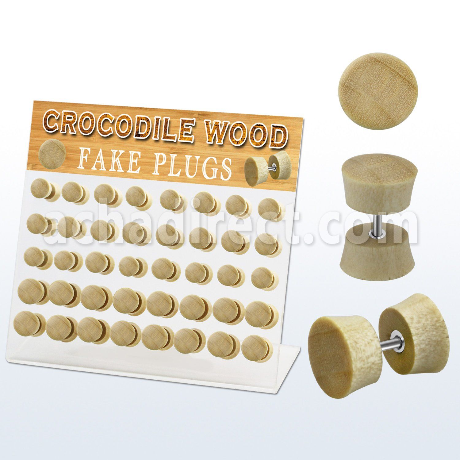 dacb176 display w 40 pcs. of crocodile wood fake plugs