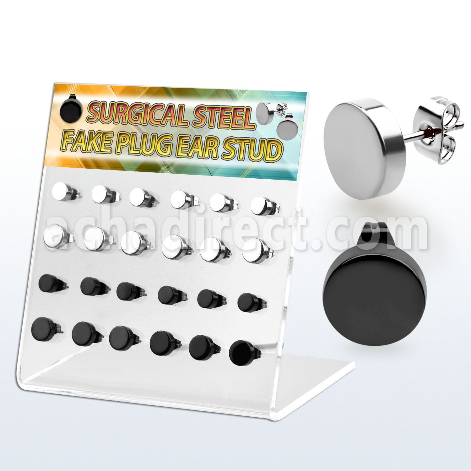 dacb190 display w 12 prs black 316l steel fake plug ear studs