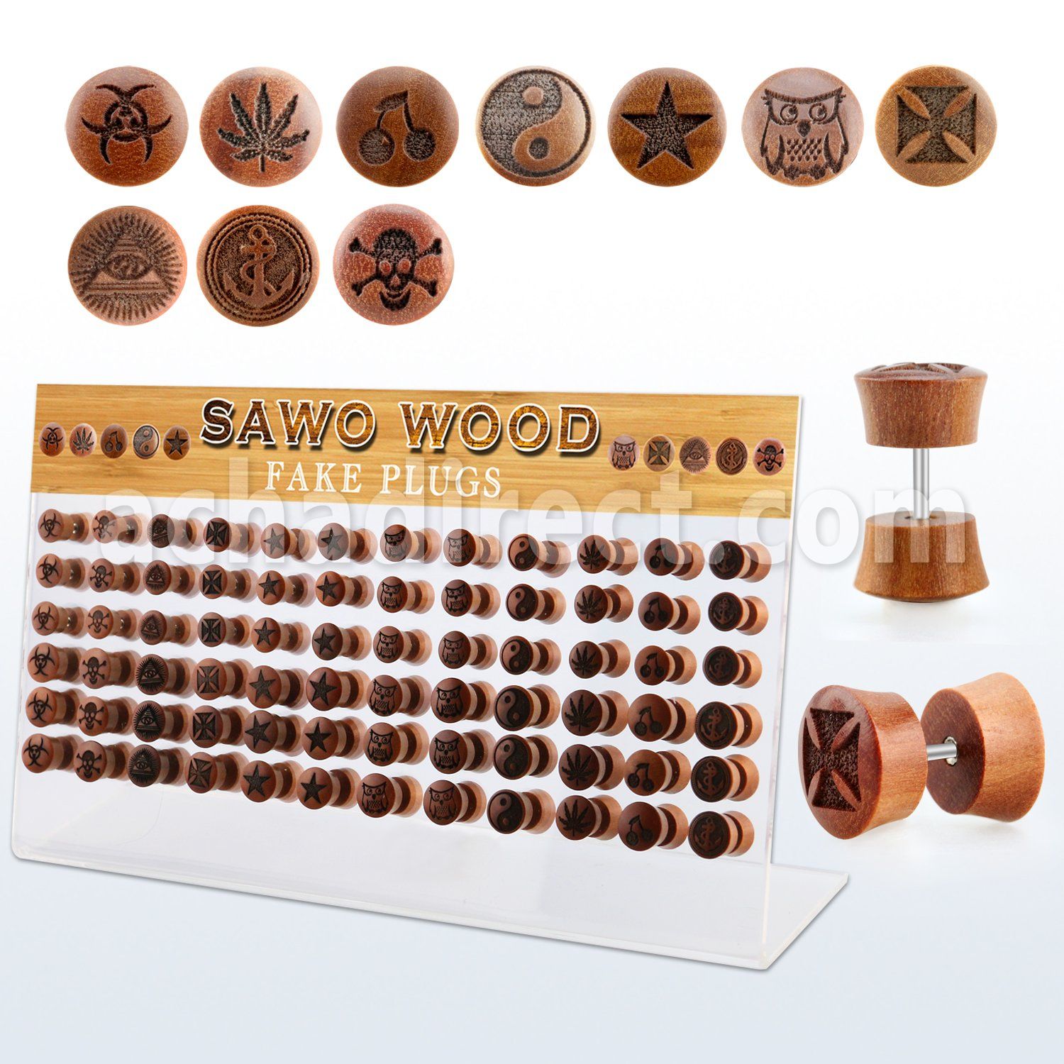 dacb220 display w 72 pcs of assorted logo wood fake plugs