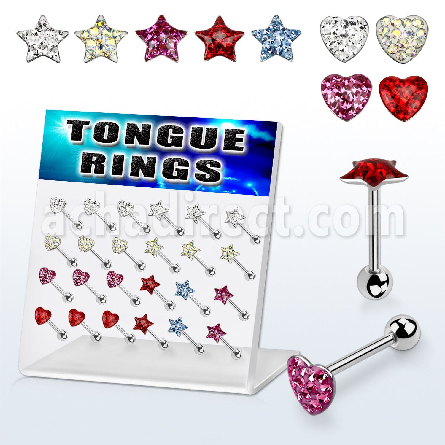 dacb36 board of 316l tongue barbell w heart star crystal top