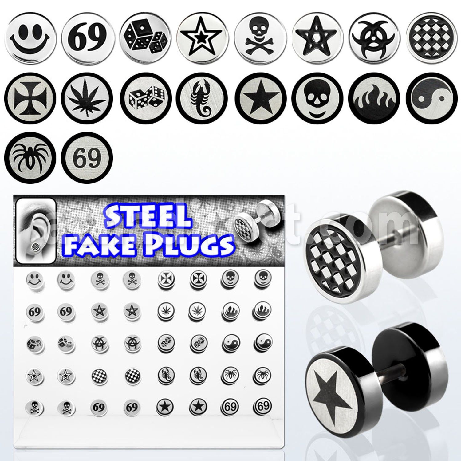 dacb43 board of high polished 316l fake plug with etched logos