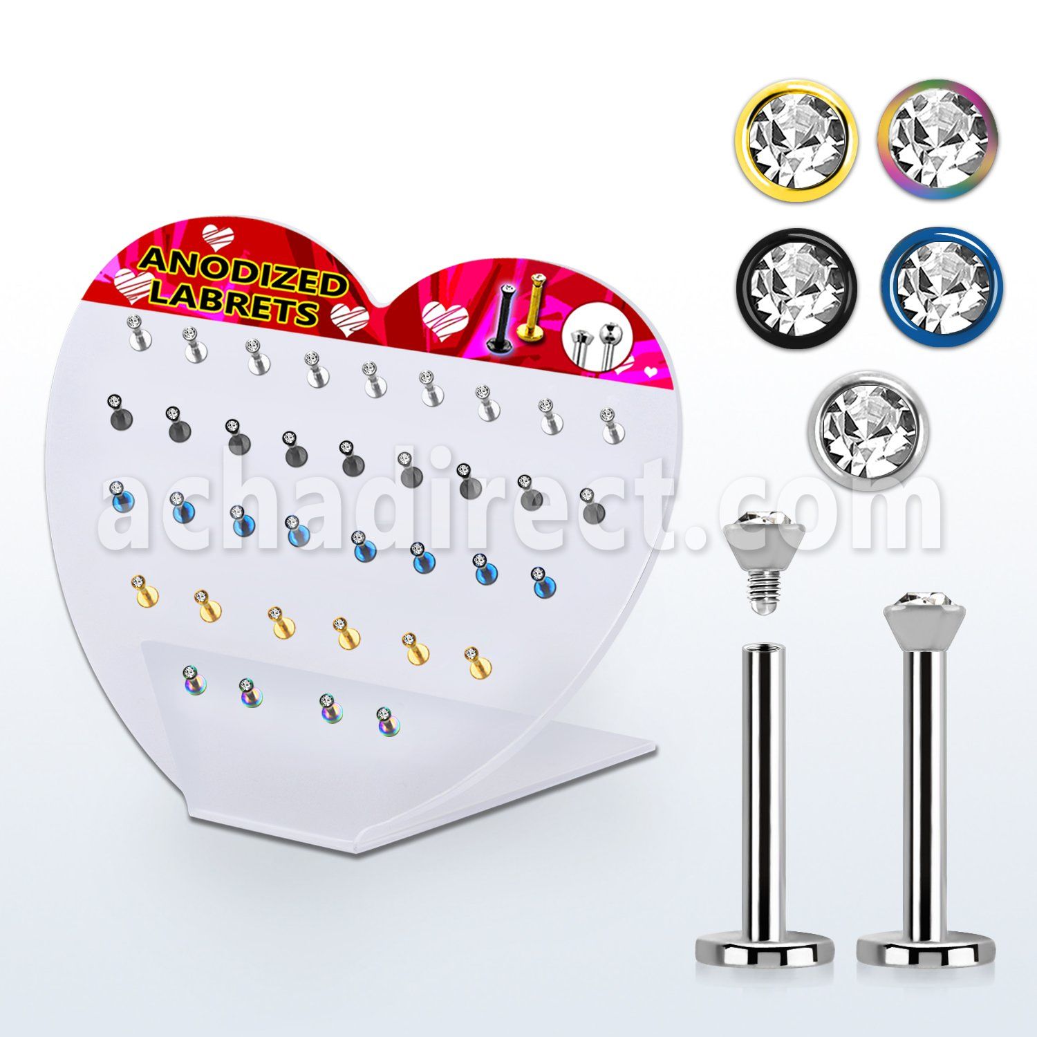 dacb65 board of 316l steel labret with flat crystal top