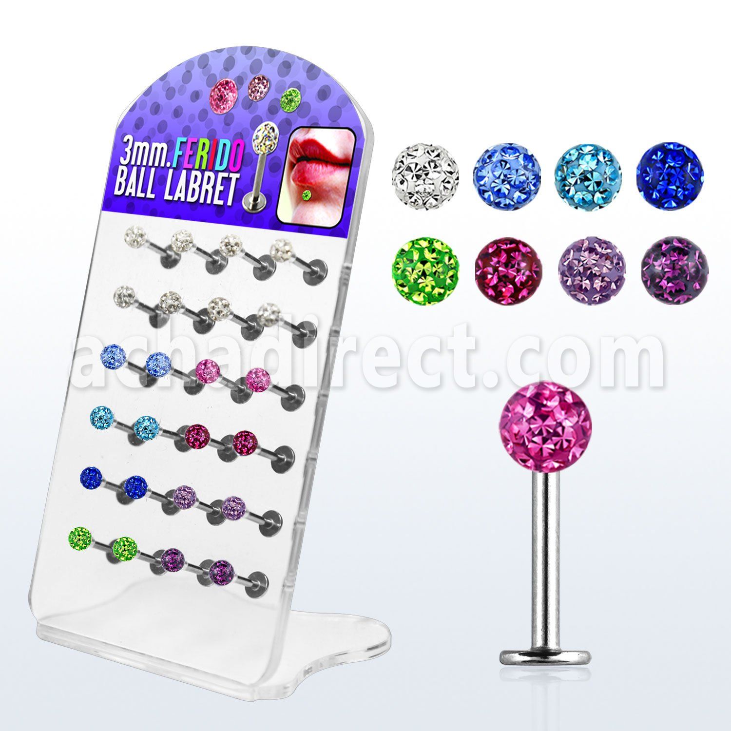 dacb68 board of 316l labret with ferido multi crystal ball