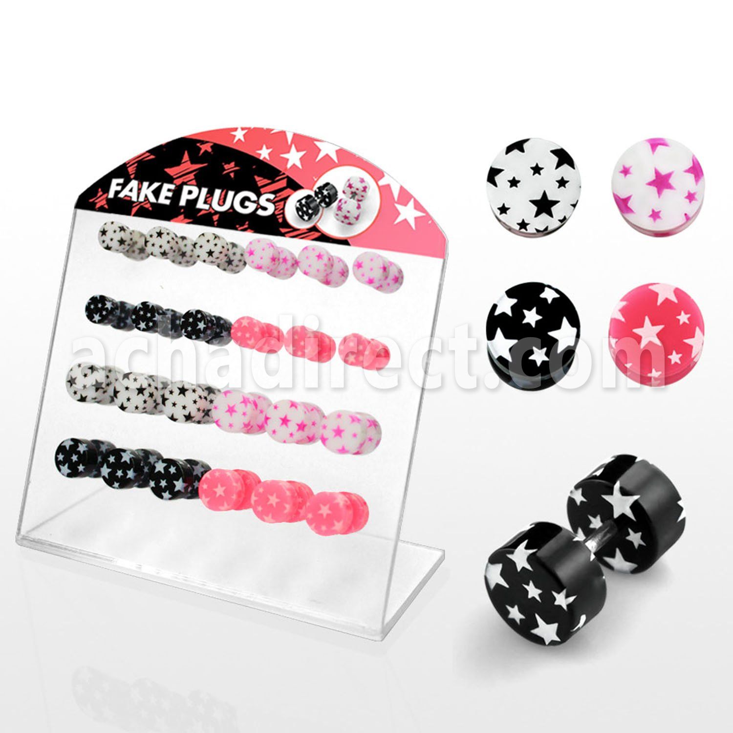 dacb76c board of 24 pcs acrylic fake plug w assorted multi star