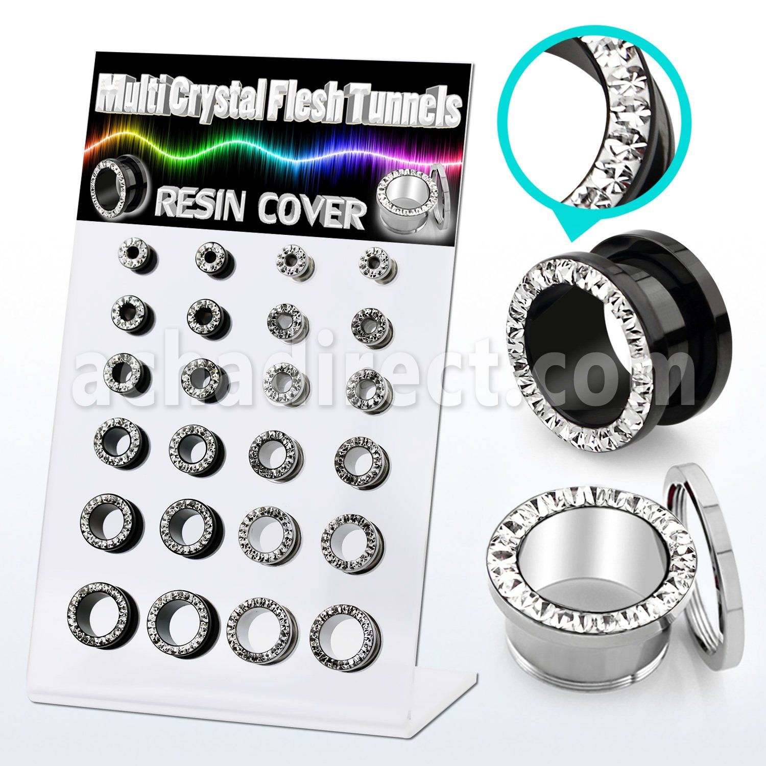 dapg171 display w 316l steel flesh tunnel w multi crystal rim