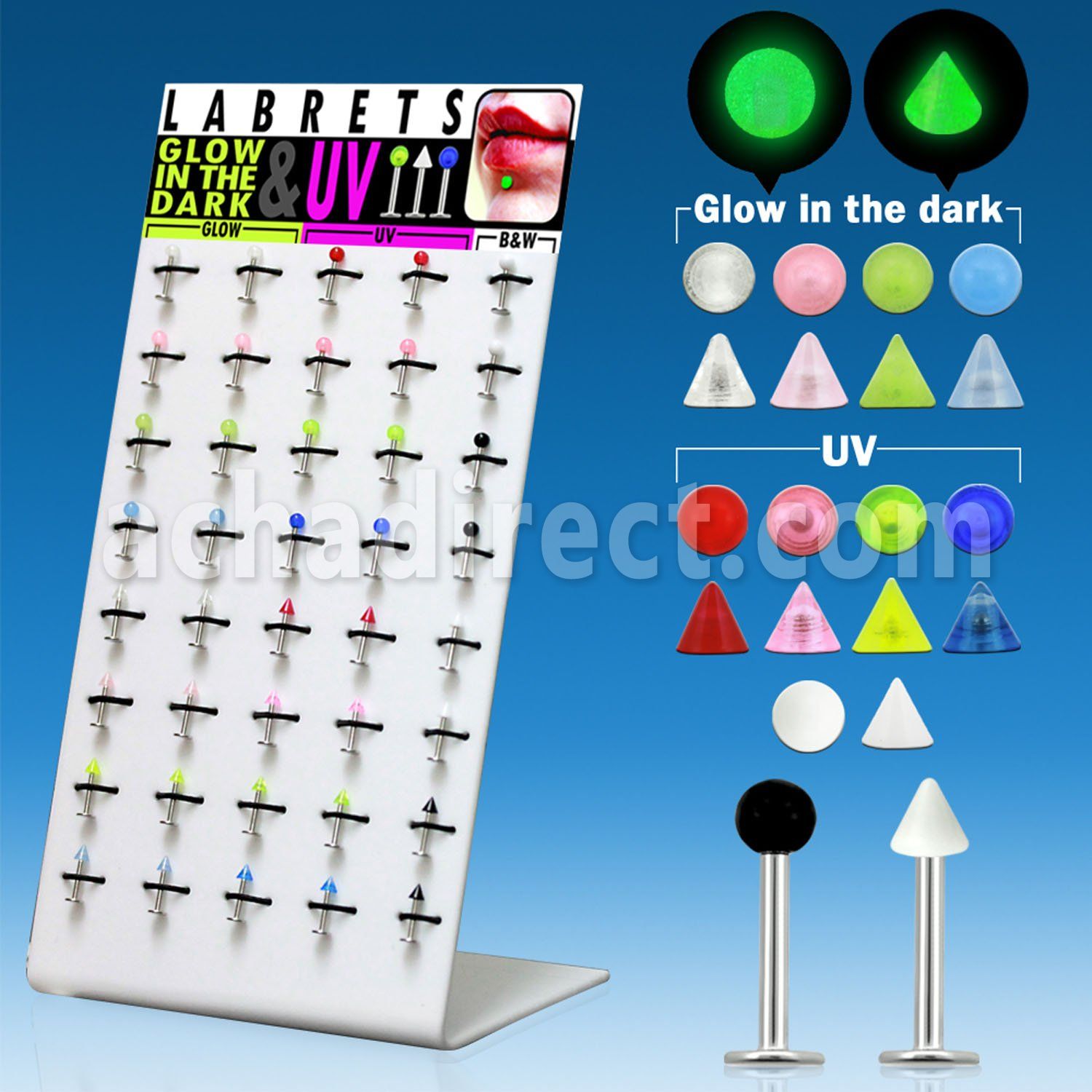 dbjmx1 316l steel labret with 3mm uv glow ball cone