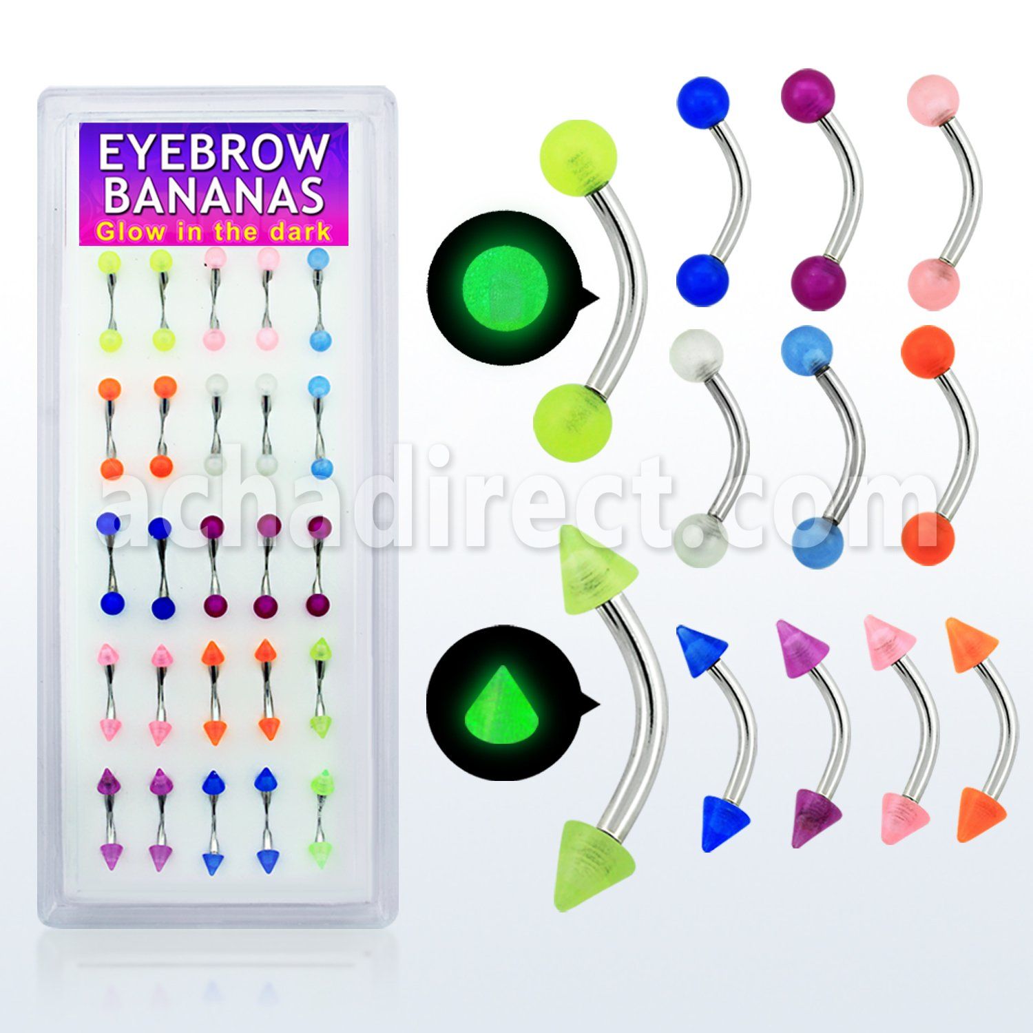 dbnegl 316l steel eyebrow banana with glow ball cone