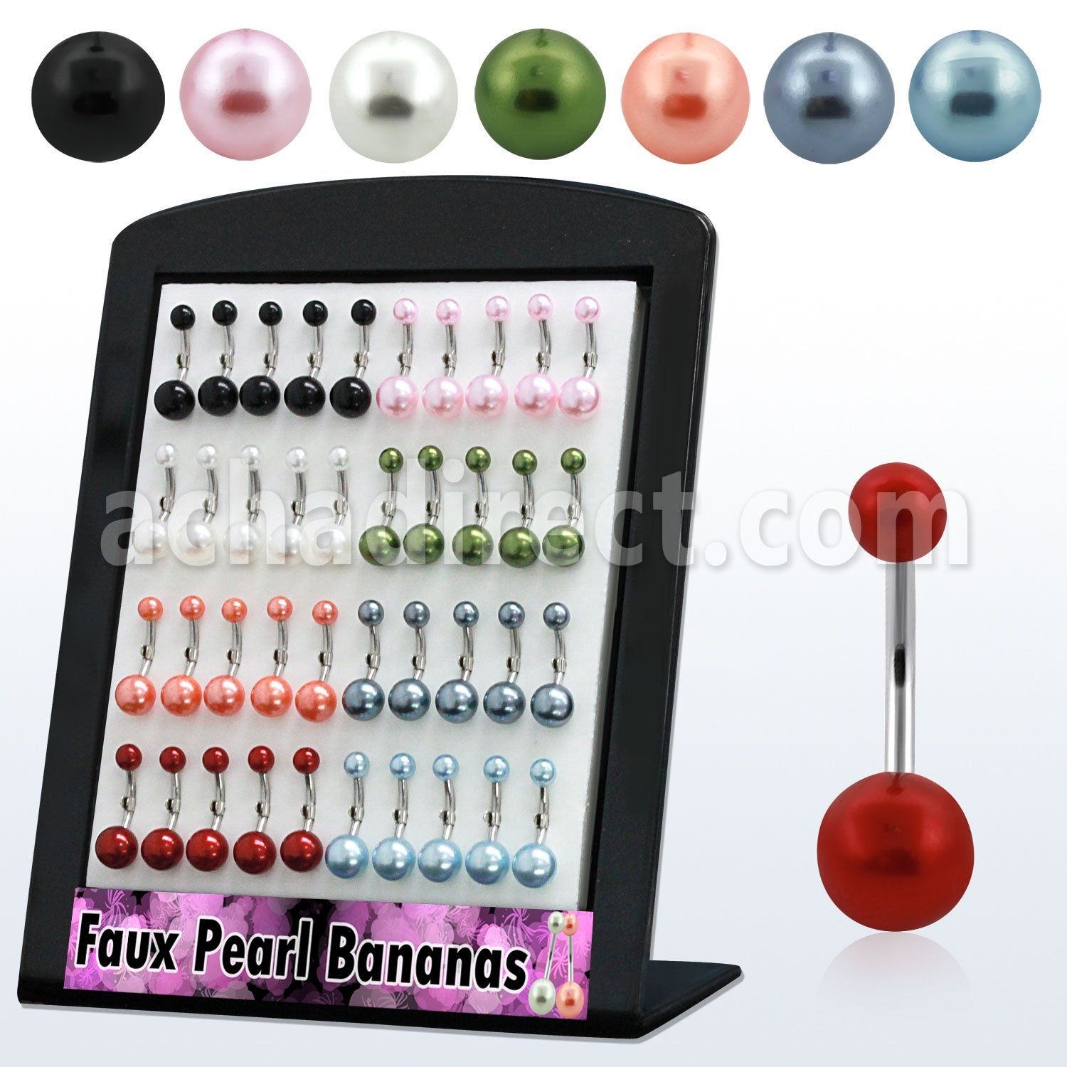 dbnprb 316l steel belly banana with two faux pearl balls