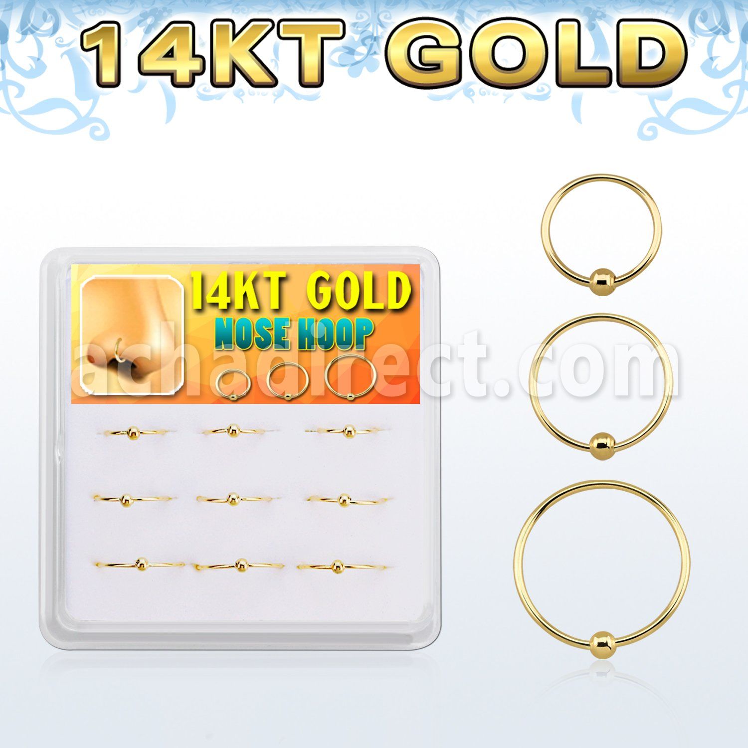 dg14nh1 box w 9 solid 14k gold endless nose hoops w ball