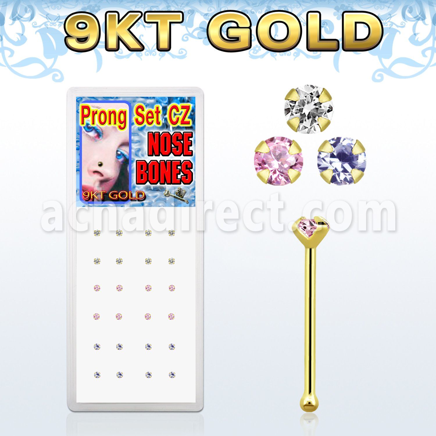 dgbz9m 9k gold nose bone with 1 5mm round colored prong cz
