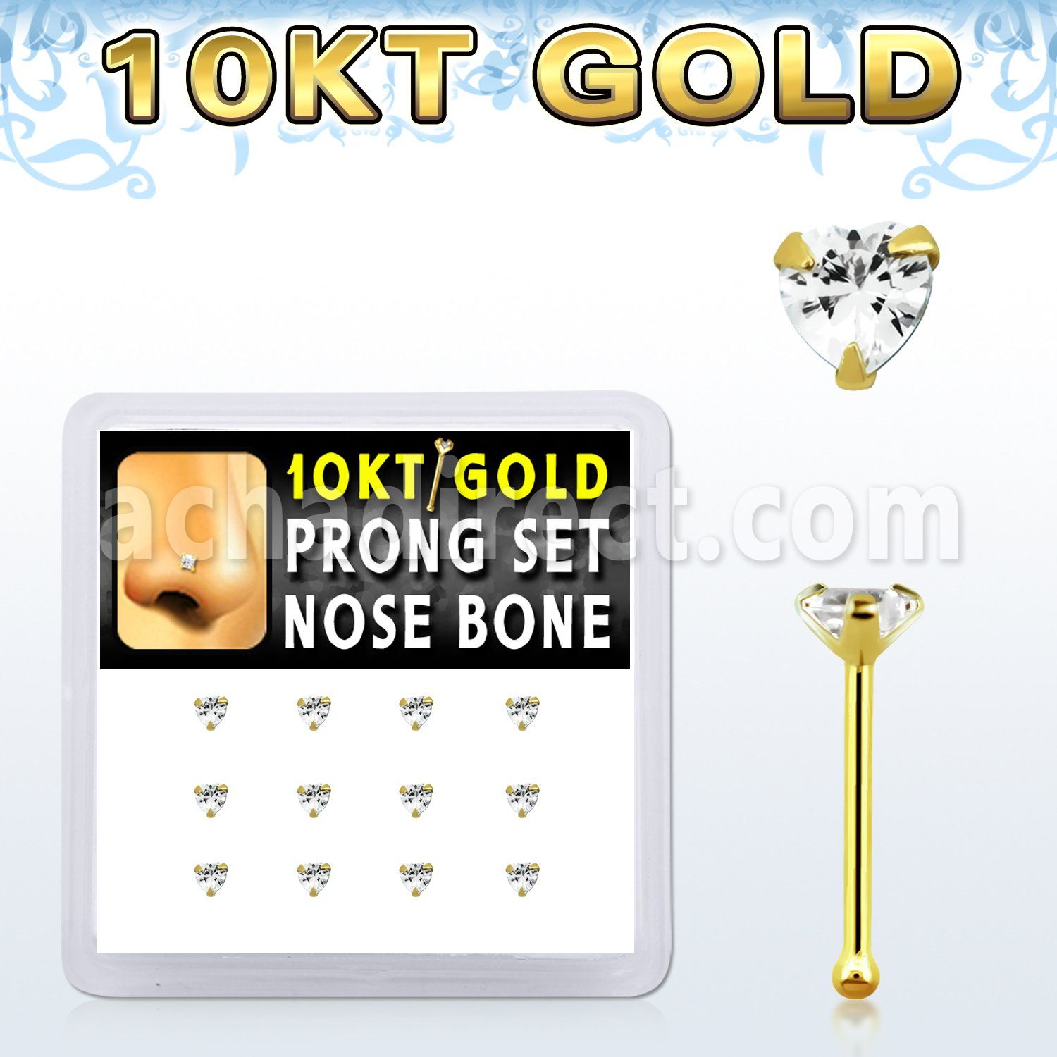 dginb3 10kt gold nose bone with 3mm prong clear cz heart