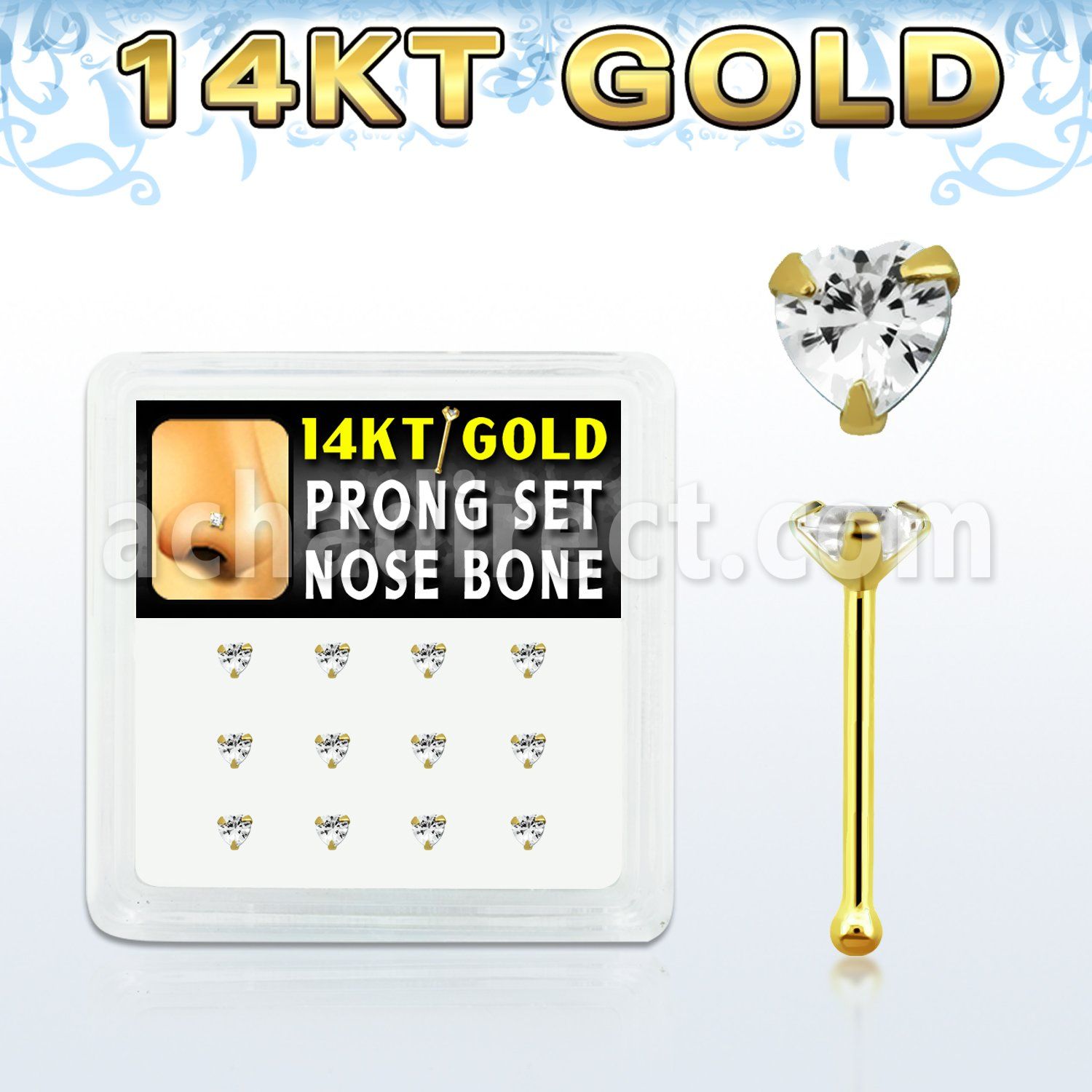 dgnb3 14kt gold nose bone with 3mm prong clear cz heart