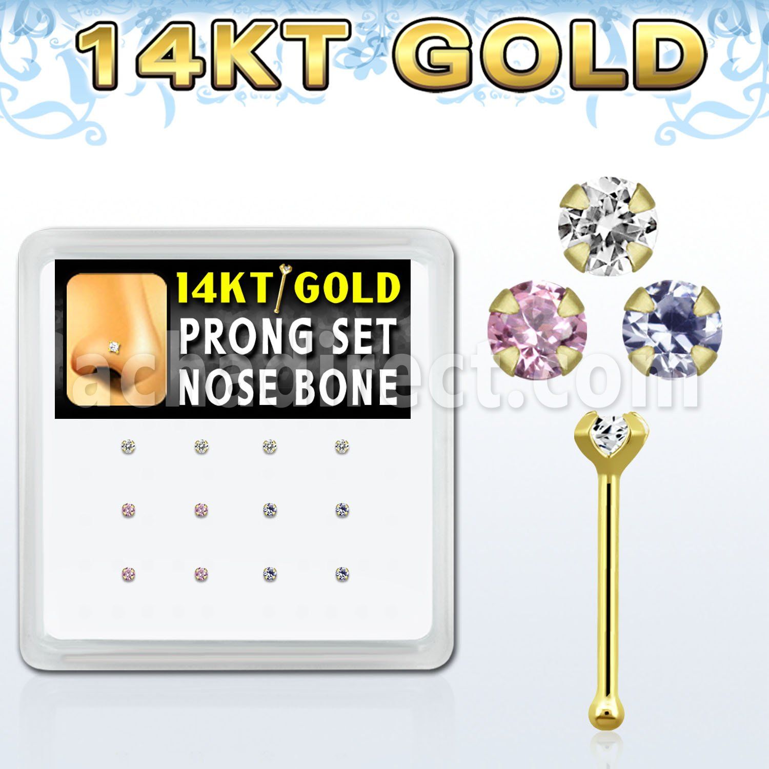 dgnb4 14kt gold nose bone with 1 5mm prong round cz stone