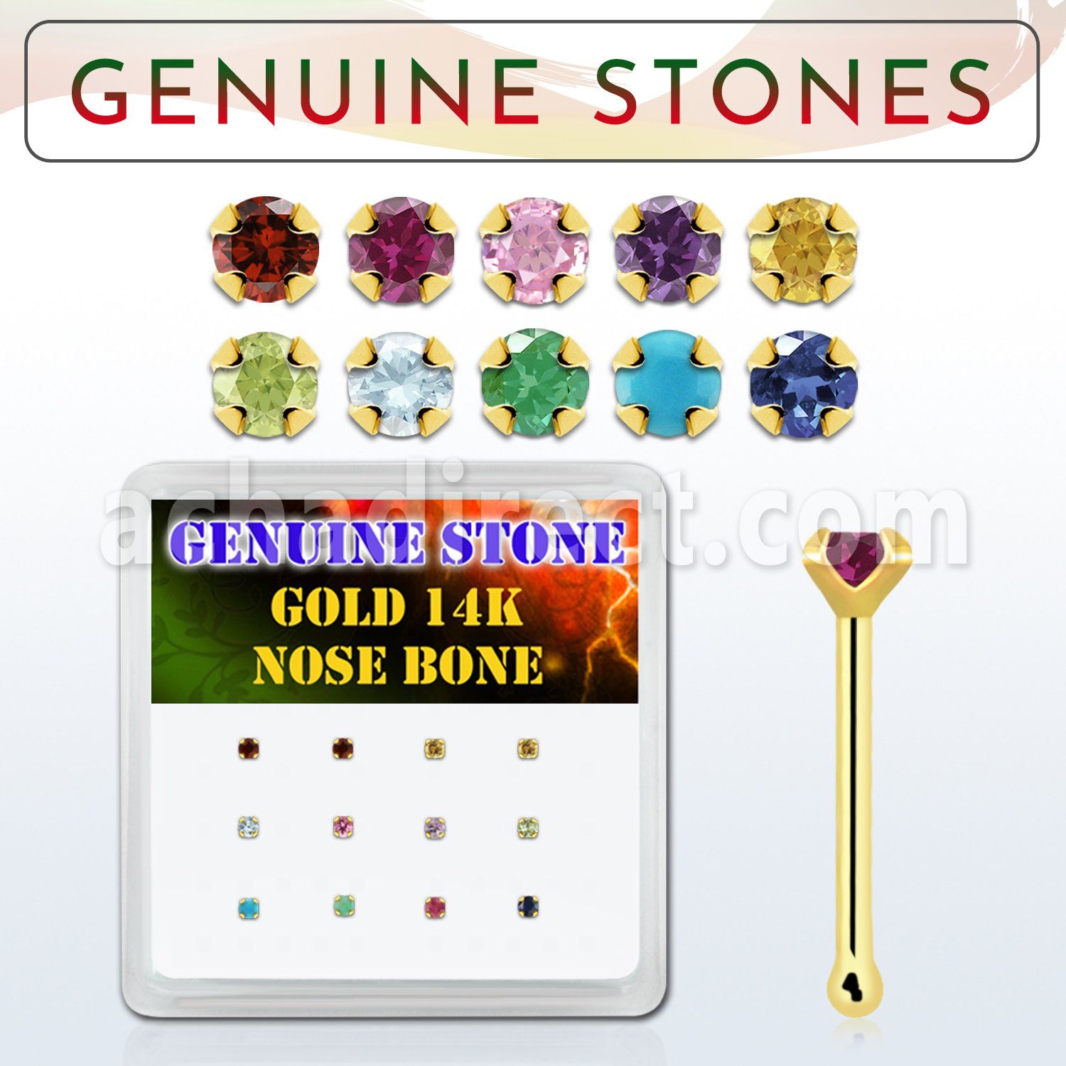 dgnb8 14kt gold nose bone with prong various precious stones