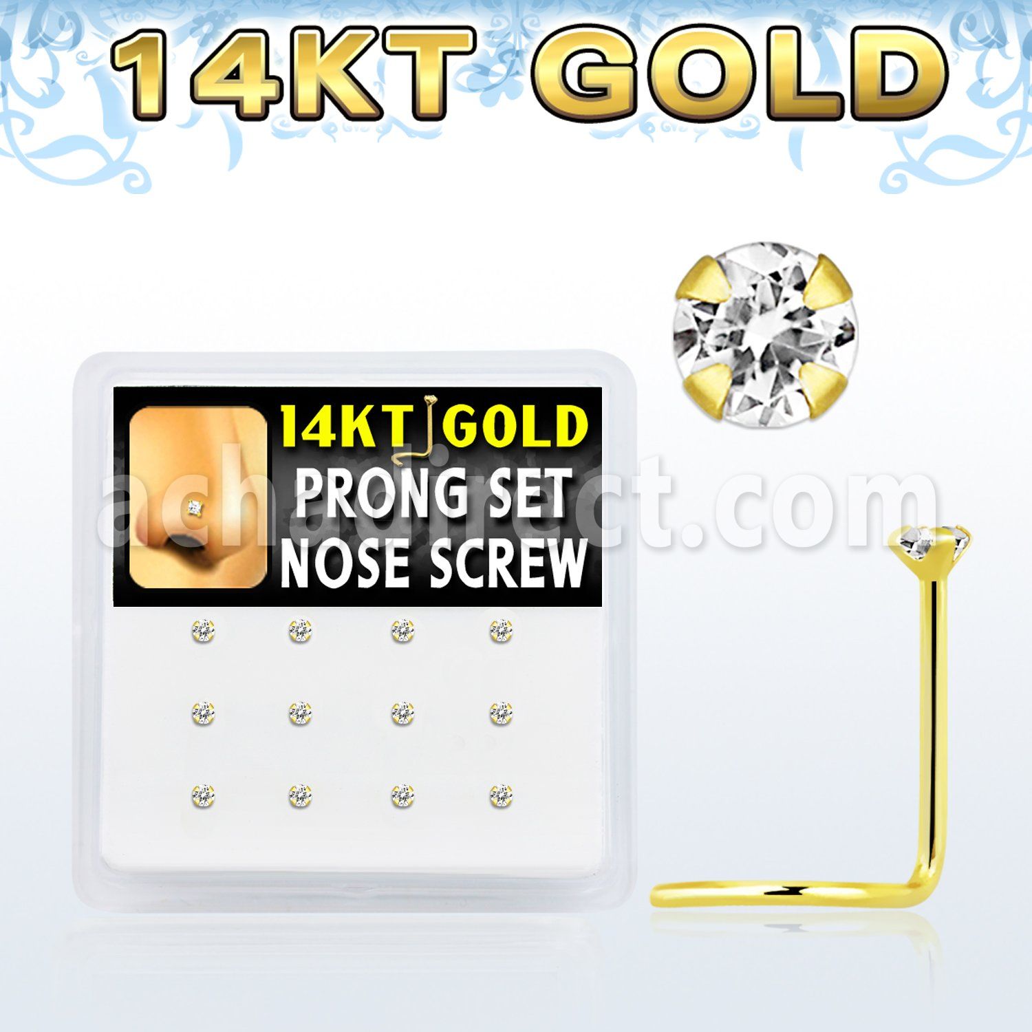 dgsc17 box w 12 14k gold nose screws w 2mm round clear czs