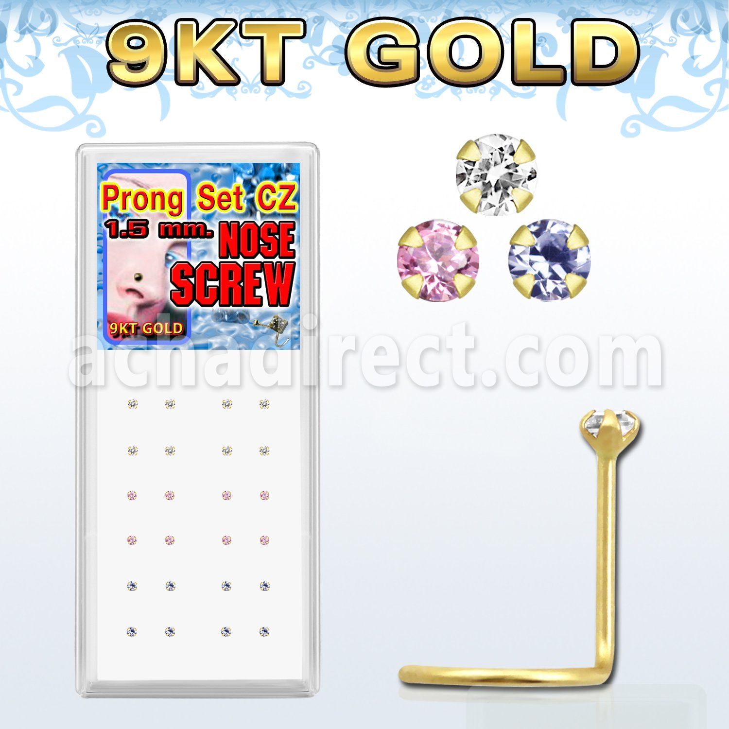 dgsz9m 9kt gold nose screw with 1 5mm colored prong cz stone