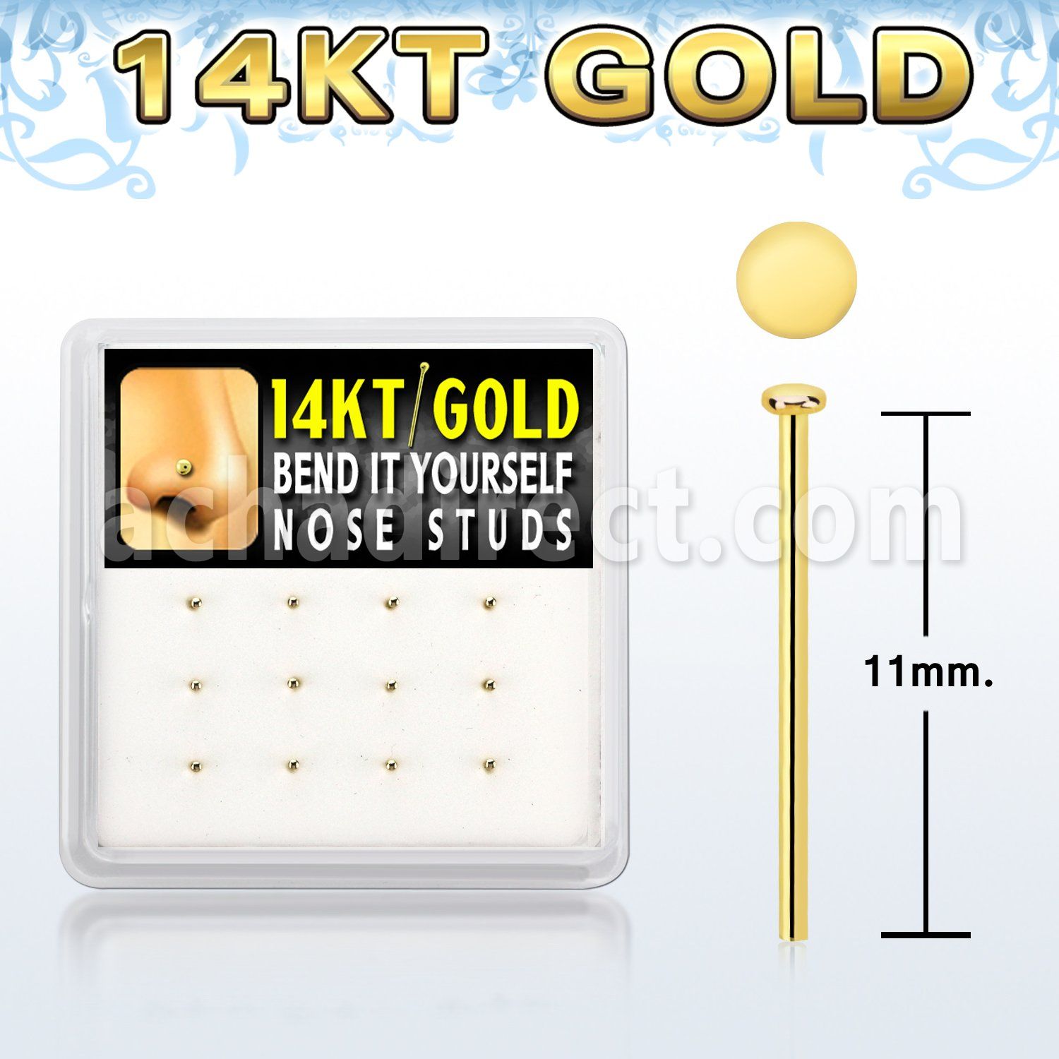 dgys24 box w 14kt gold bend it nose stud 22g w round flat top