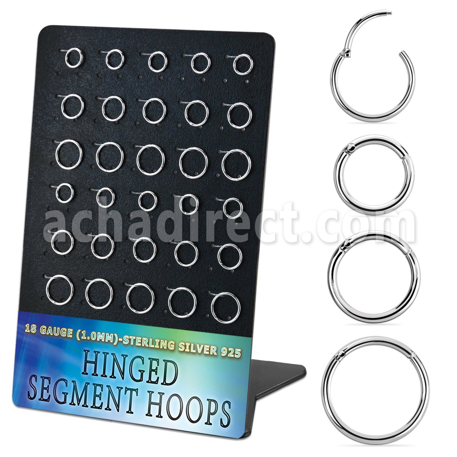 display w 30  silver hinged segment rings 18g