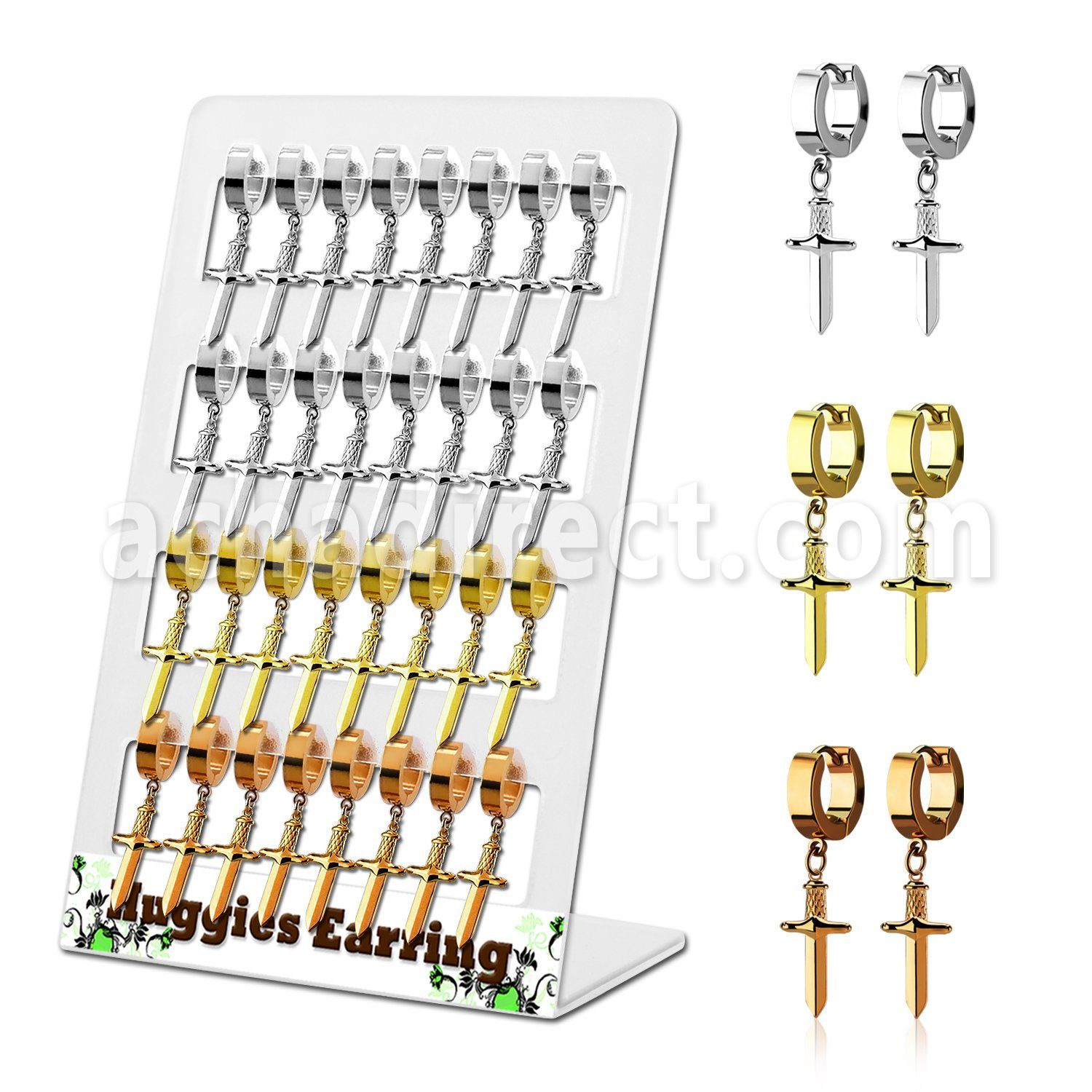 display w steel earrings w dangling daggers