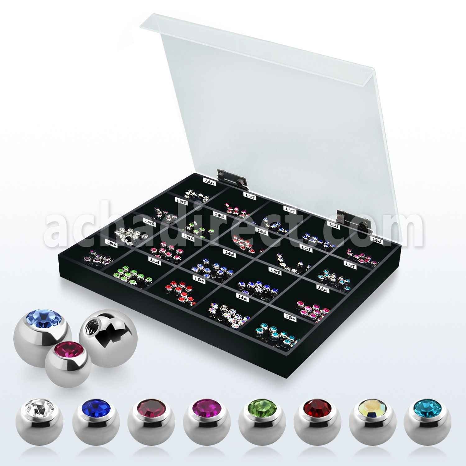 dmbj6 display of 5 6mm bezel set jewel ball with threading