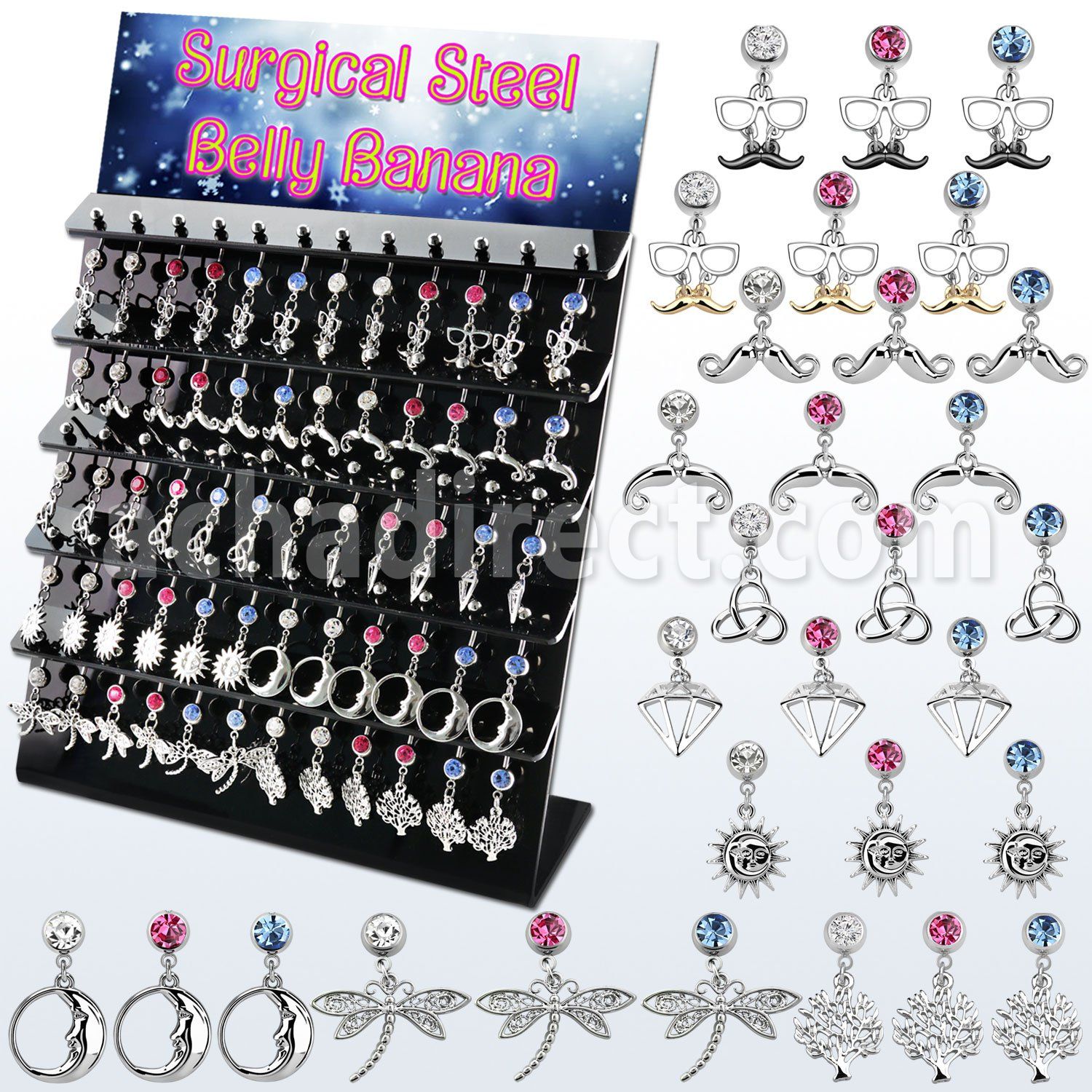 dmcd9 display w 60 steel belly bananas, w mixed danglings