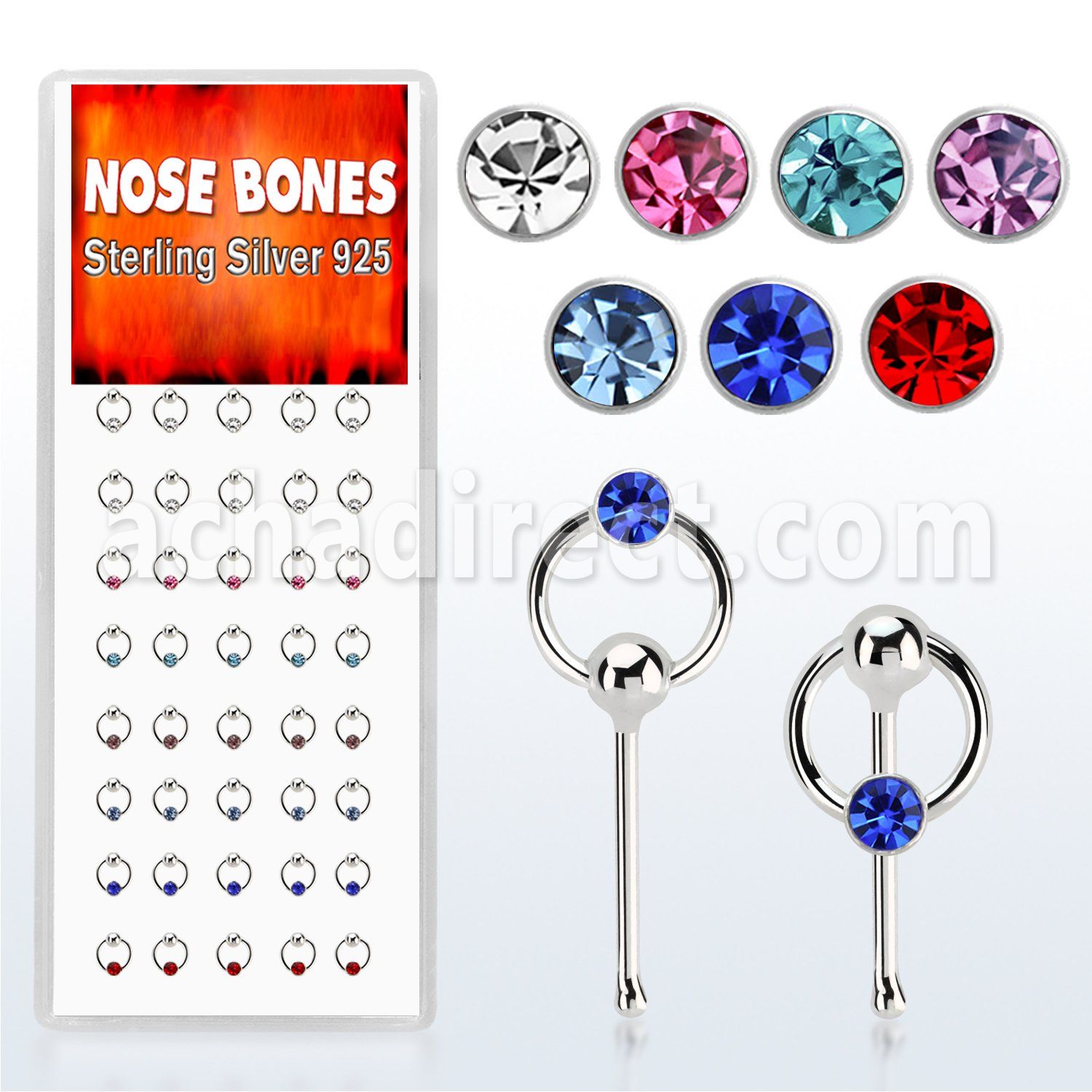 dnbrm1 box of silver nose bones w color crystal on slave hoop