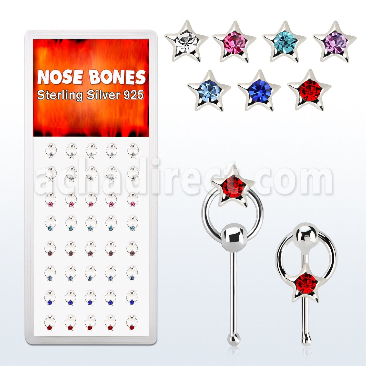 dnbrm3 silver nose bones with star w crystal on slave hoop