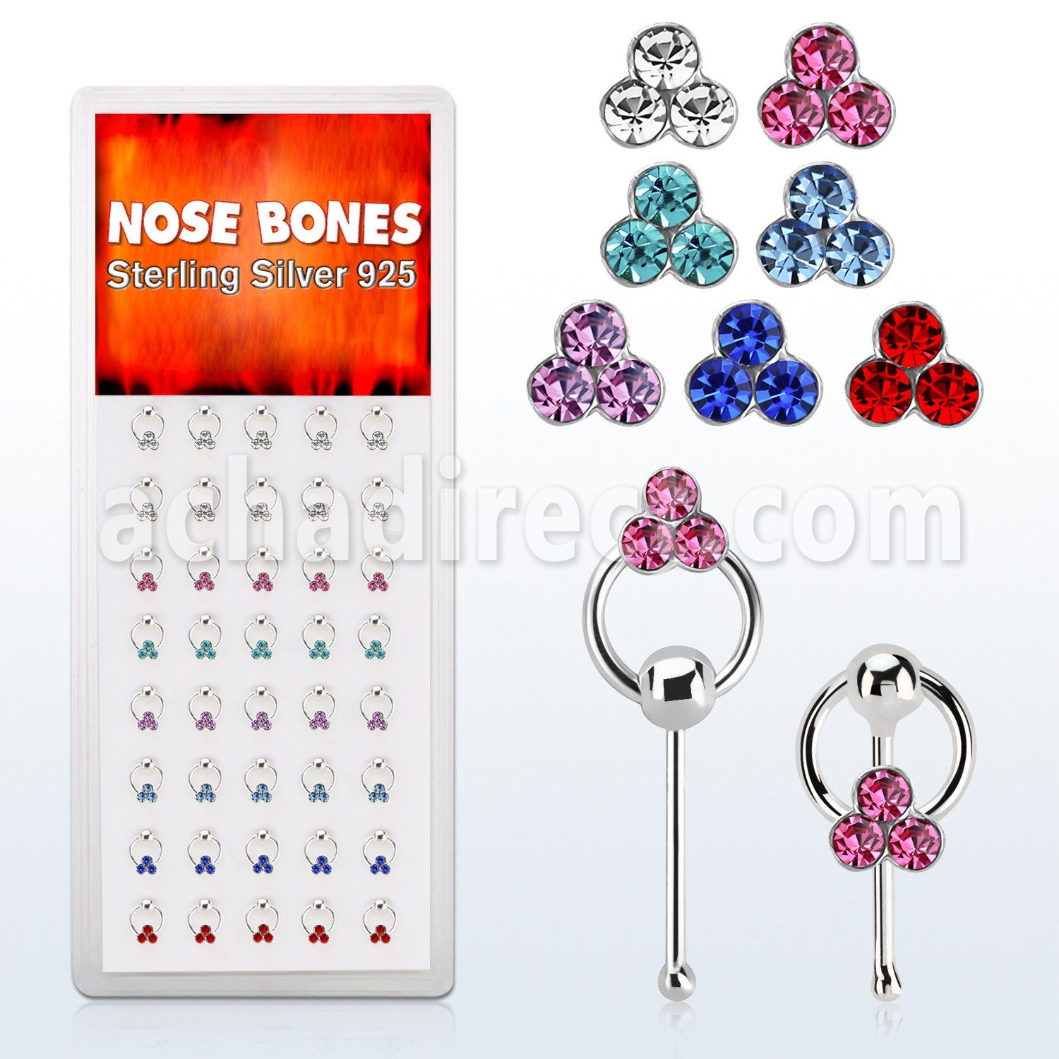 dnbrm4 silver nose bones with triple crystals on slave hoop