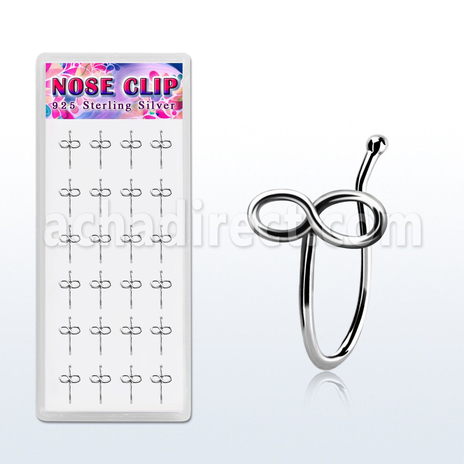 dncl10 box w 24 silver fake nose clips with infinity symbol top