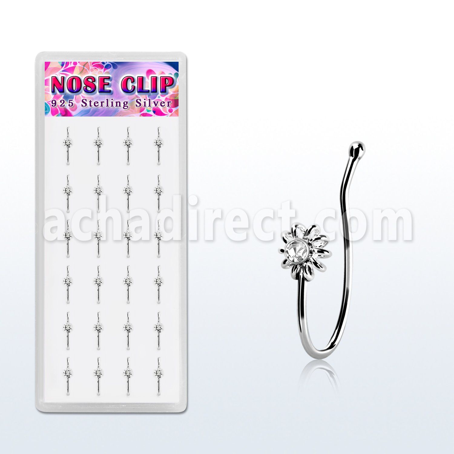 dncl5c box w 24 silver fake nose clips w sun w clear crystal