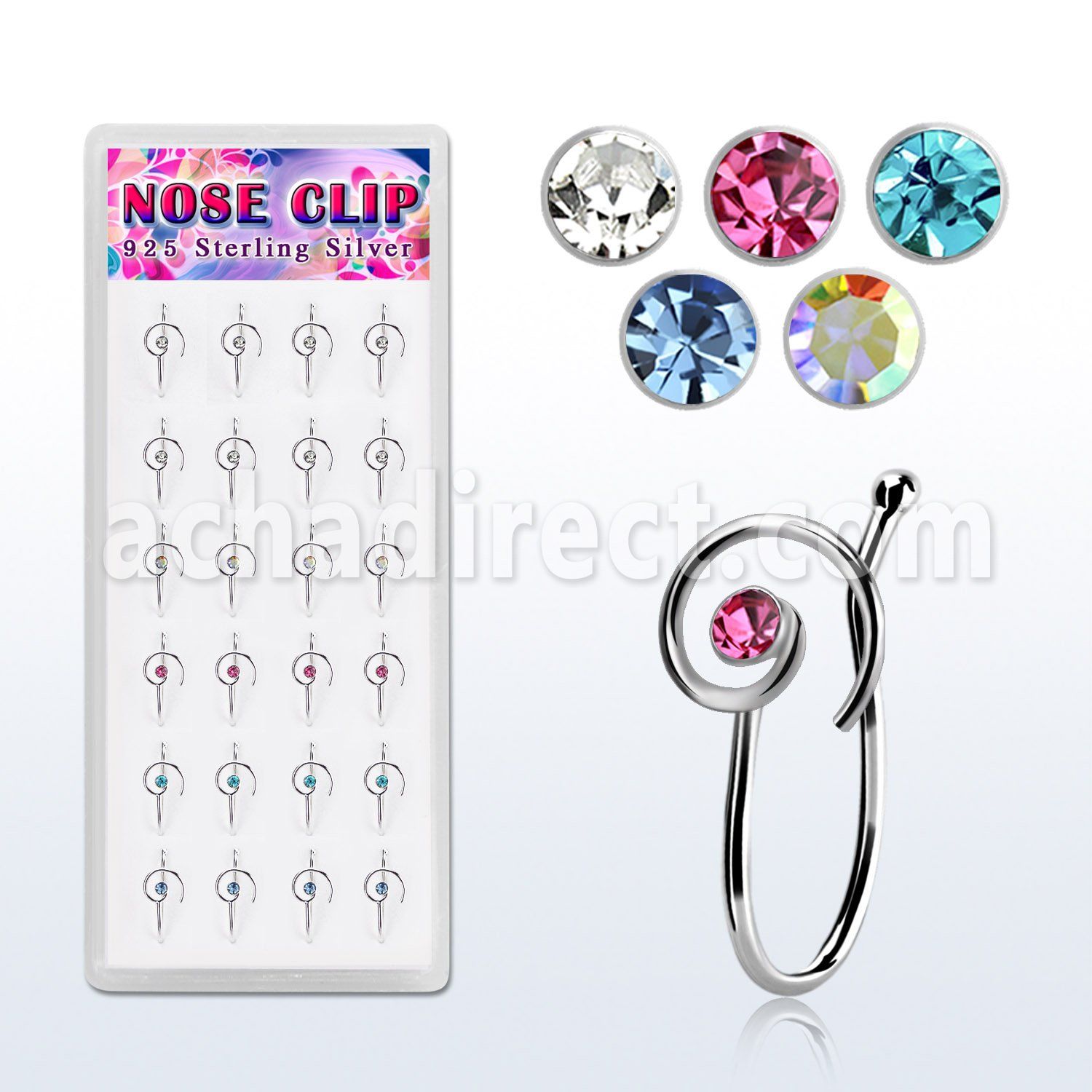dncl7 box w 24 silver fake nose clips w infinity clear crystal