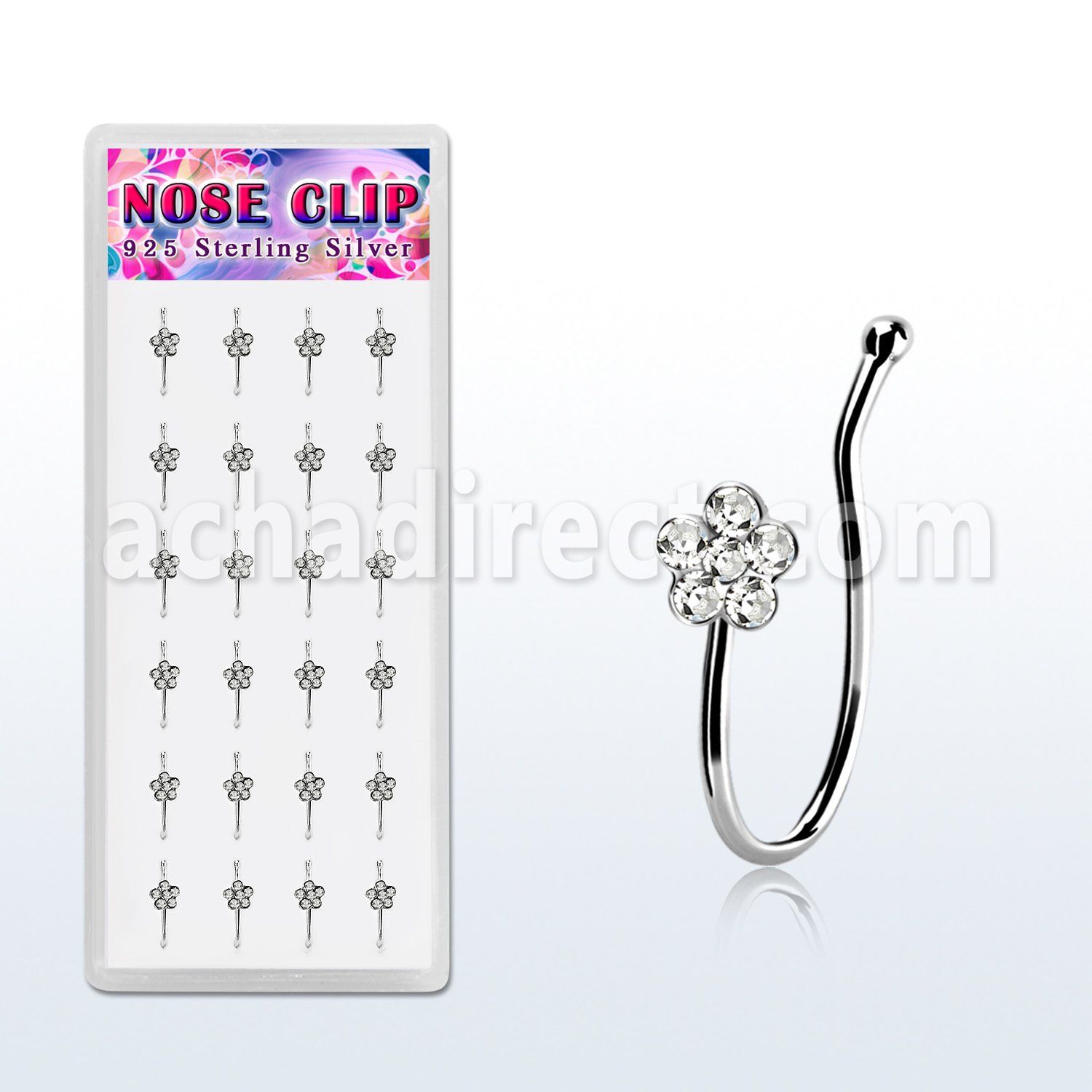 dncl9c box w 24 silver fake nose clips w clear crystal flower