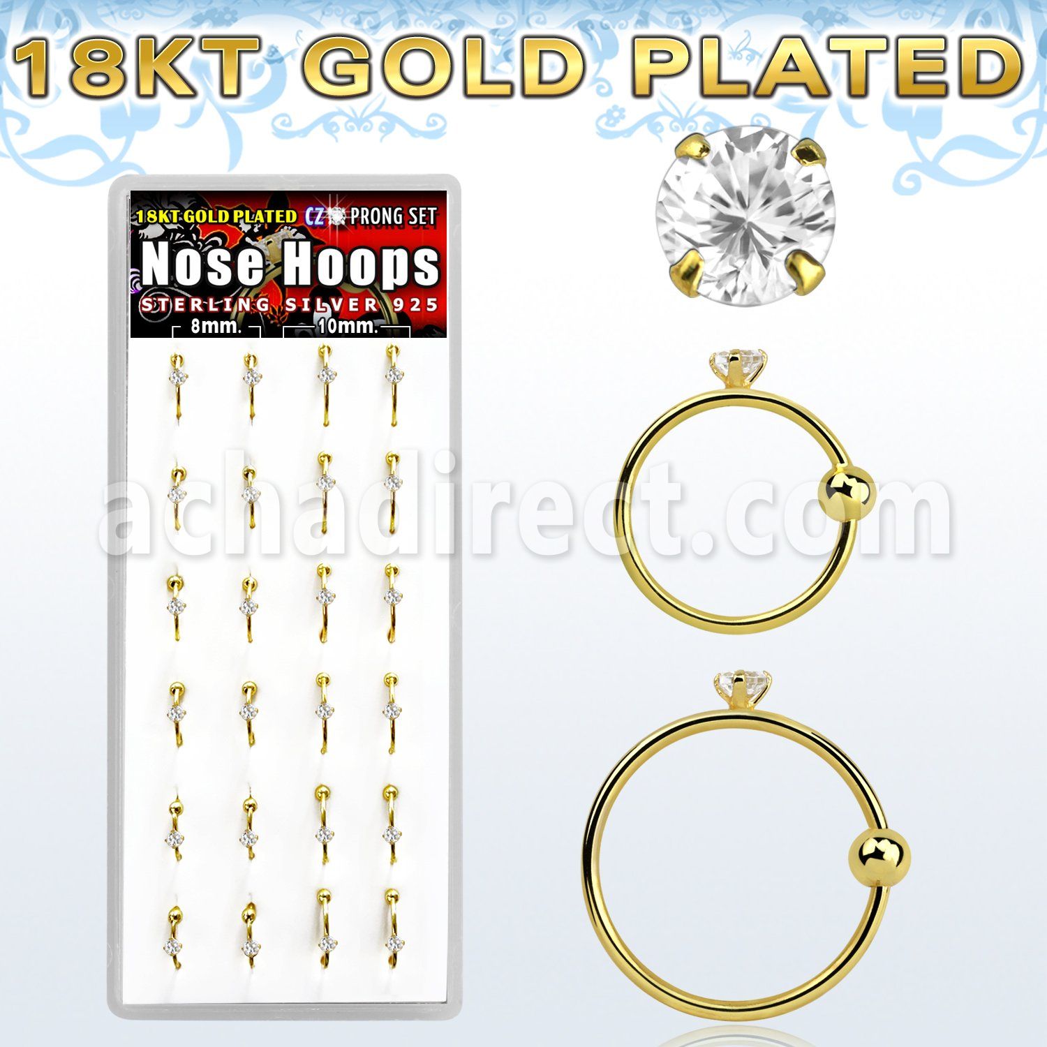 dnsm107 box w gold plated 925 silver nose hoop w 2mm round cz