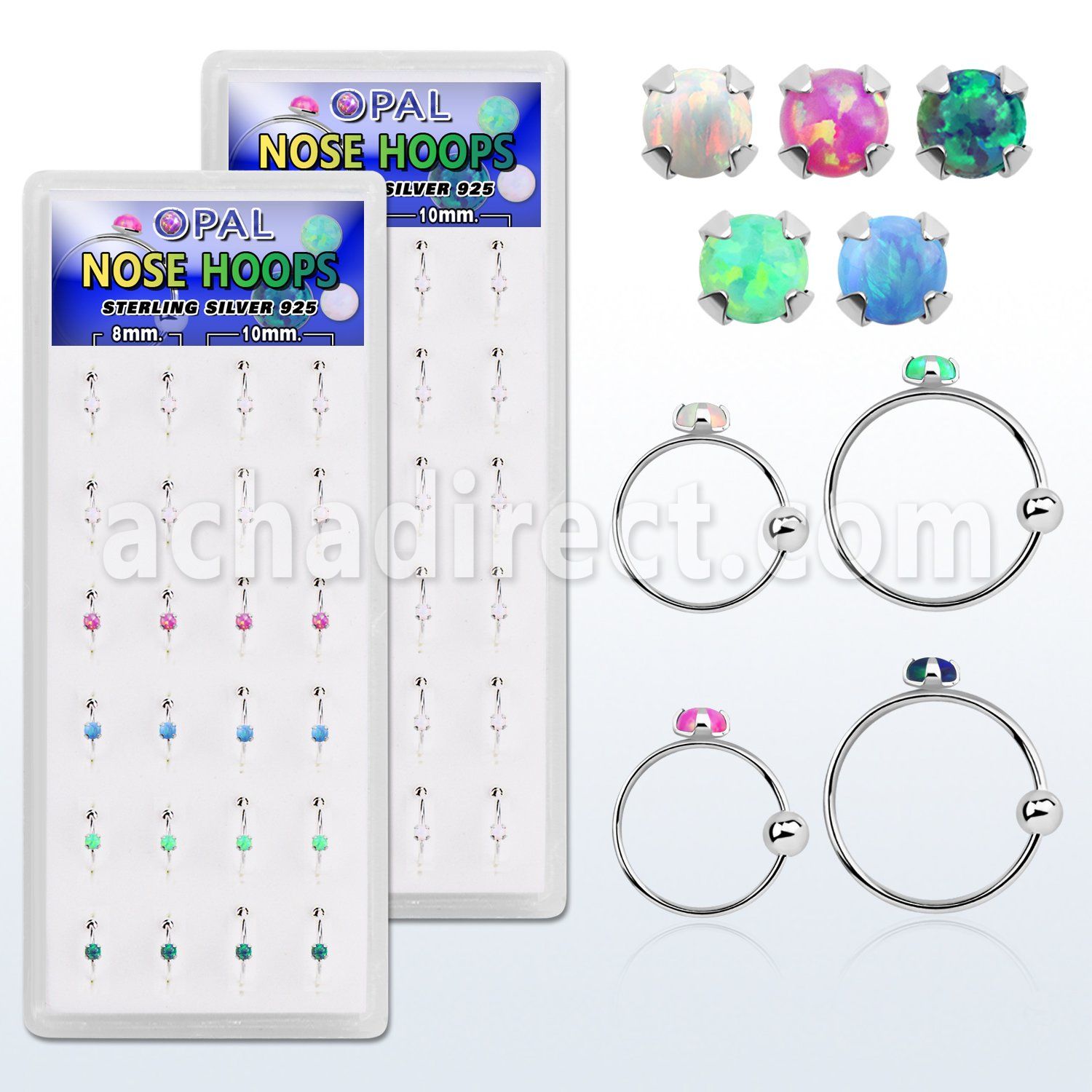 dnsm109 box w silver nose hoop w 2mm prong set synthetic opal