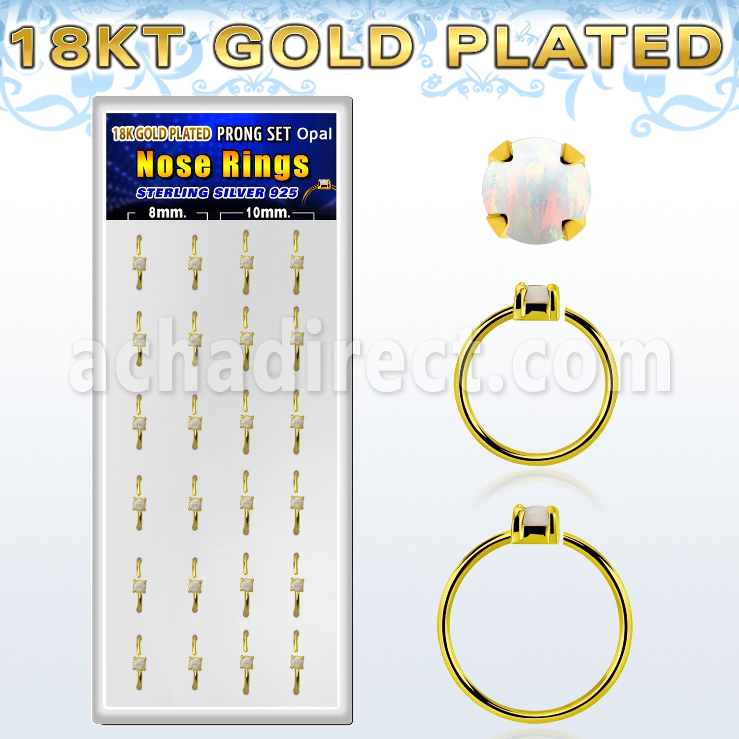 dnsm180 box 24 18k gold plated silver nose rings w 2mm opal top 
