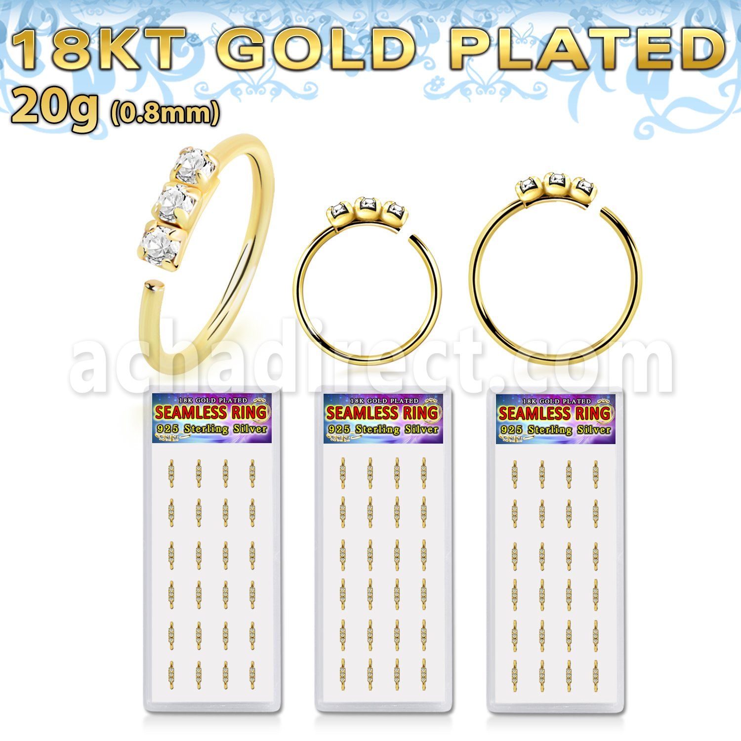 dnsm267 18k gold plated 925 silver seamless nose rings 1.5mm prong set clear crystals