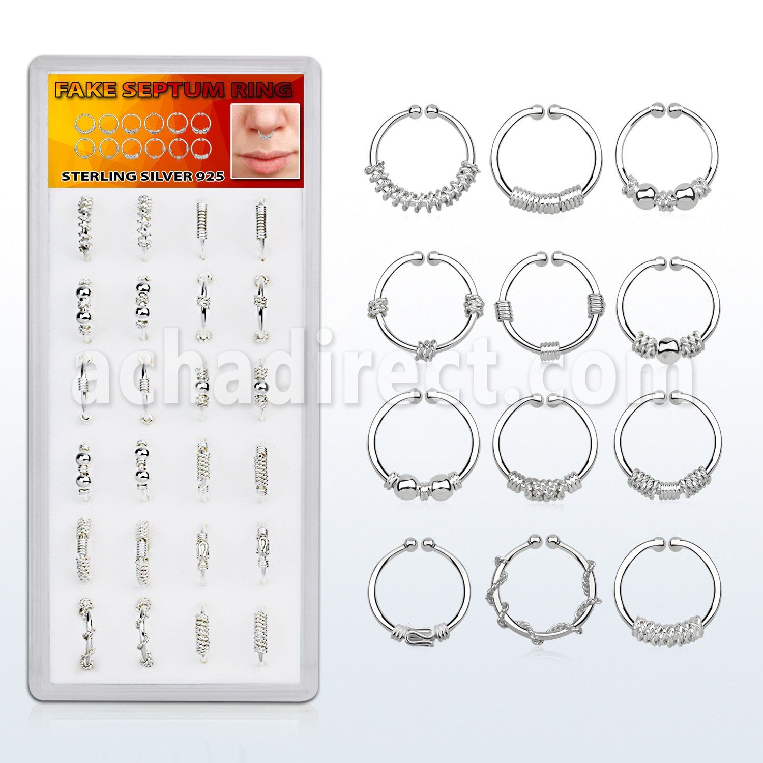 dnsm77 box w 24 pcs. of assorted silver fake septum rings
