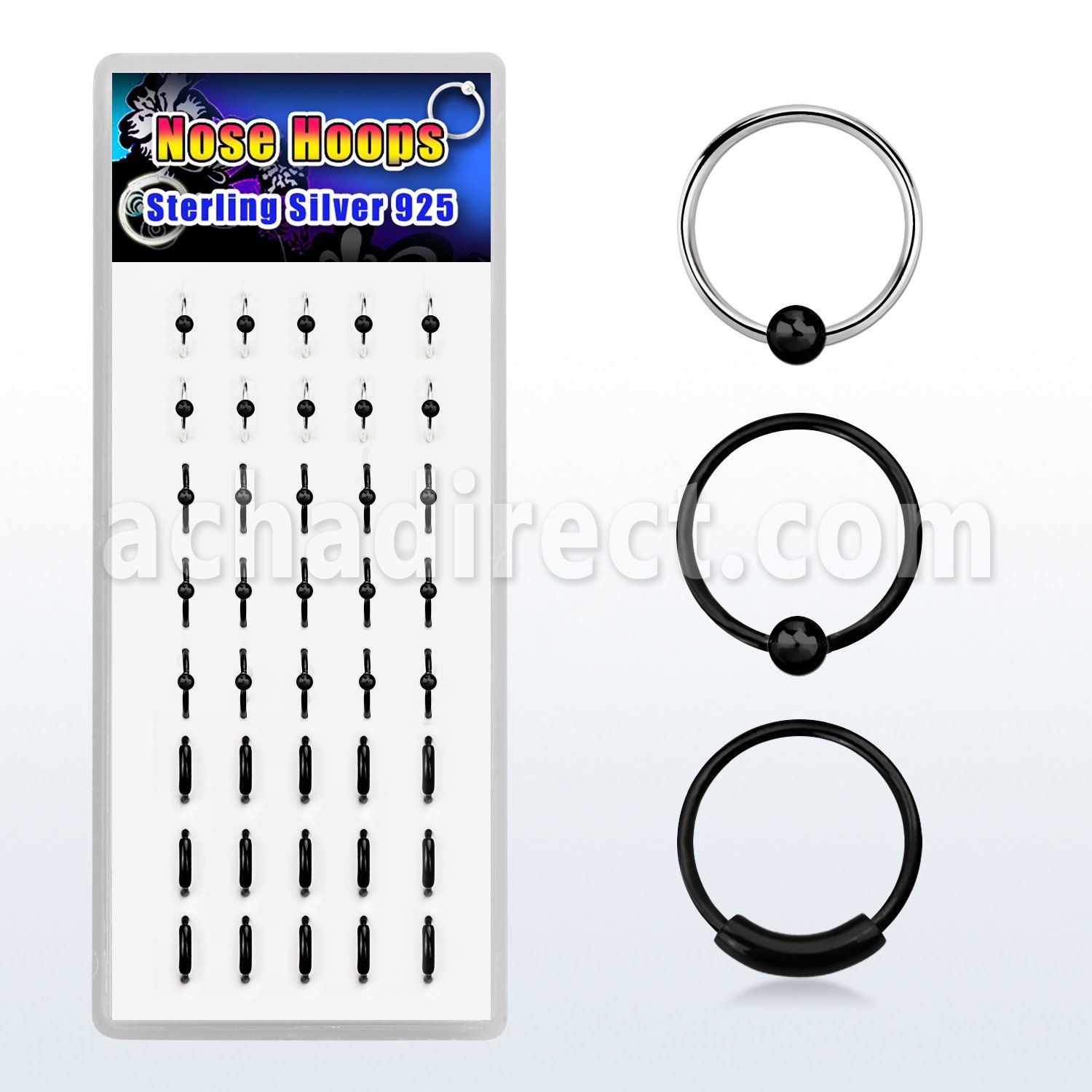 dnsmb box of 8mm black silver hoop nose rings in styles