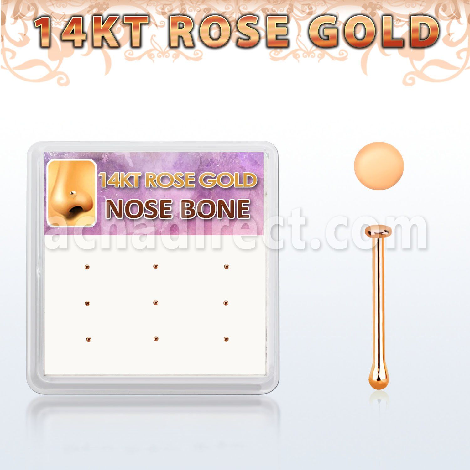 drnb27 box w 12 14kt rose gold nose bones w round flat top