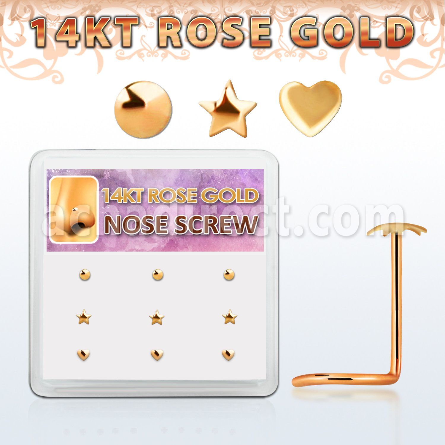 drsc10 box w 9 14kt rose gold nose screw w star round heart top