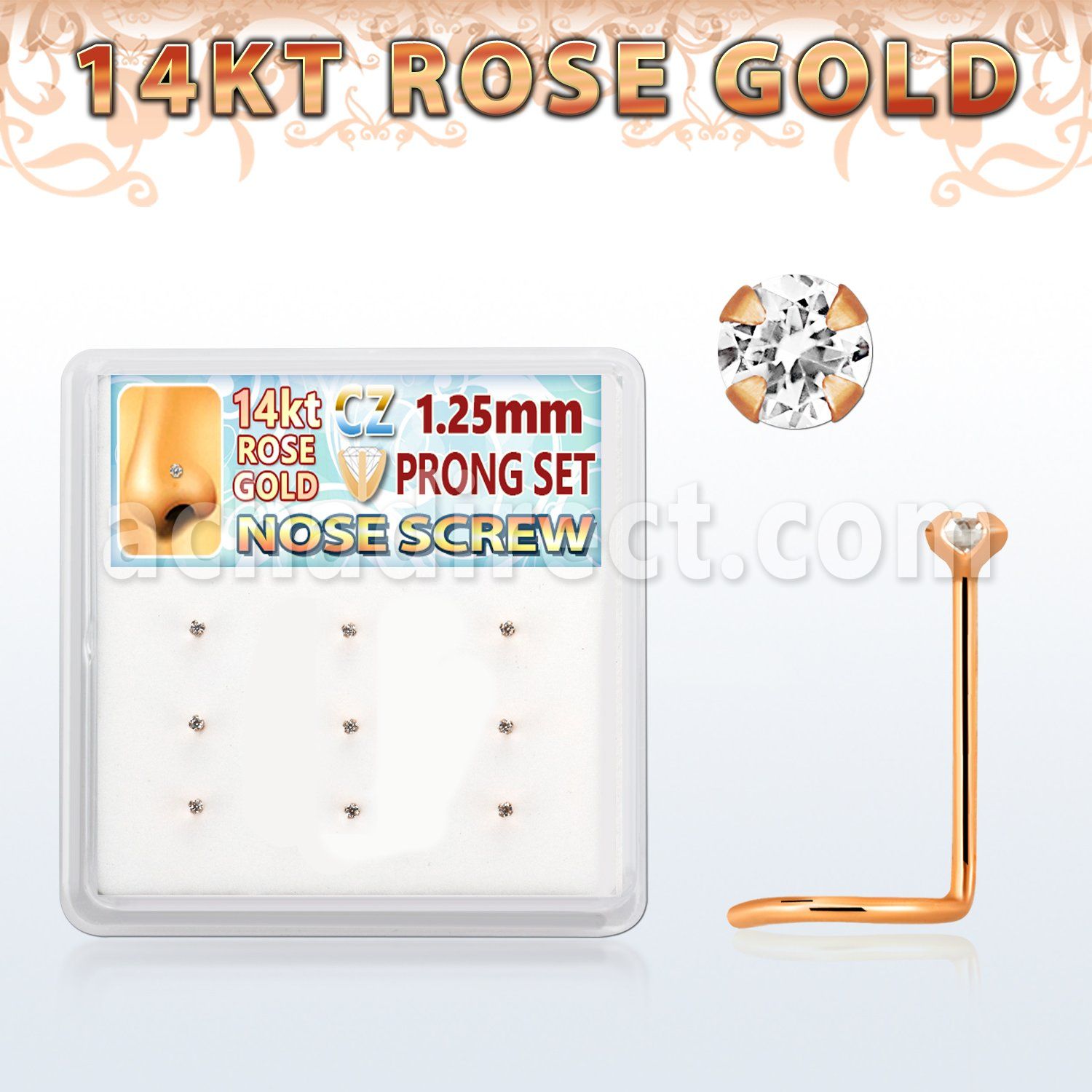 drsc26 box w 14kt rose gold nose screw w 1.25mm clear round cz 