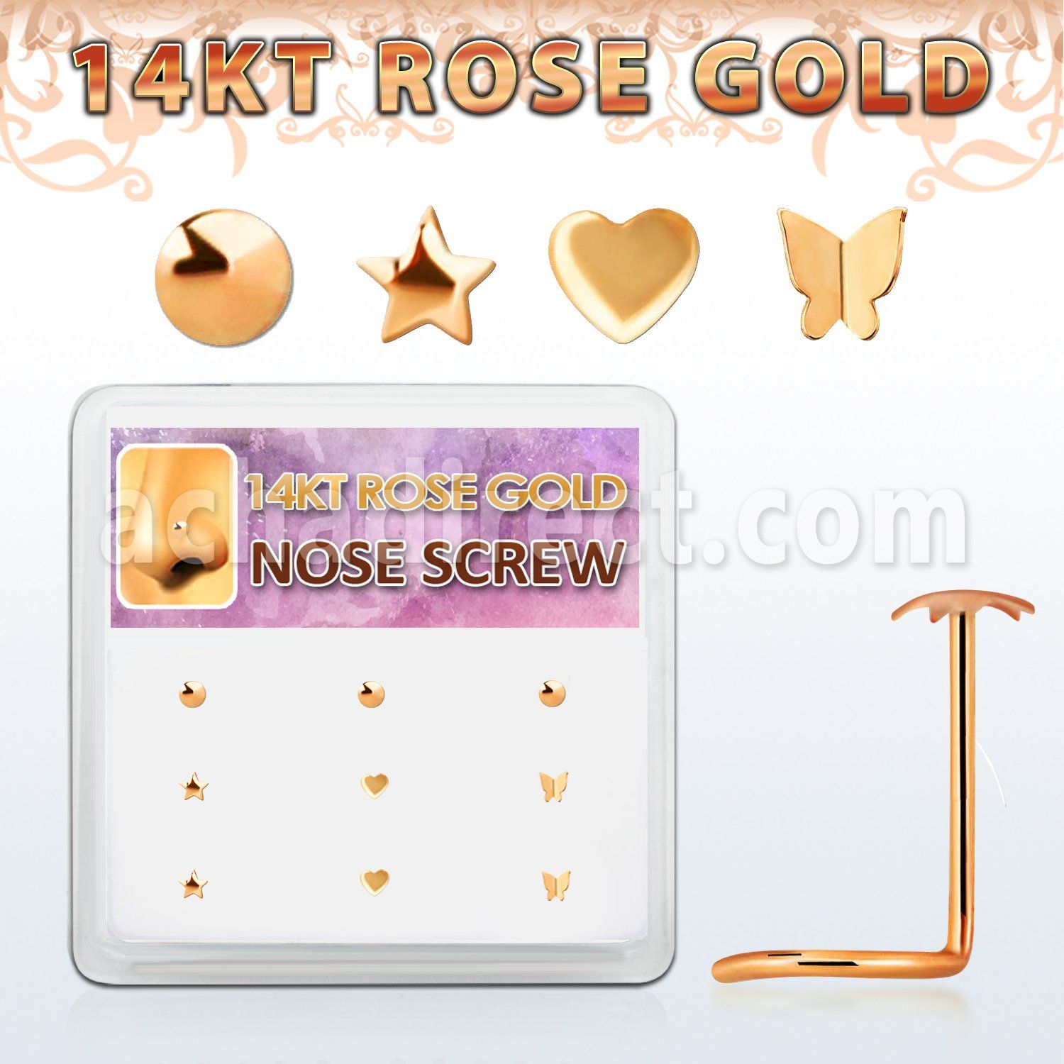 drsc4 box w 14k rose gold nose screw star heart butterfly top